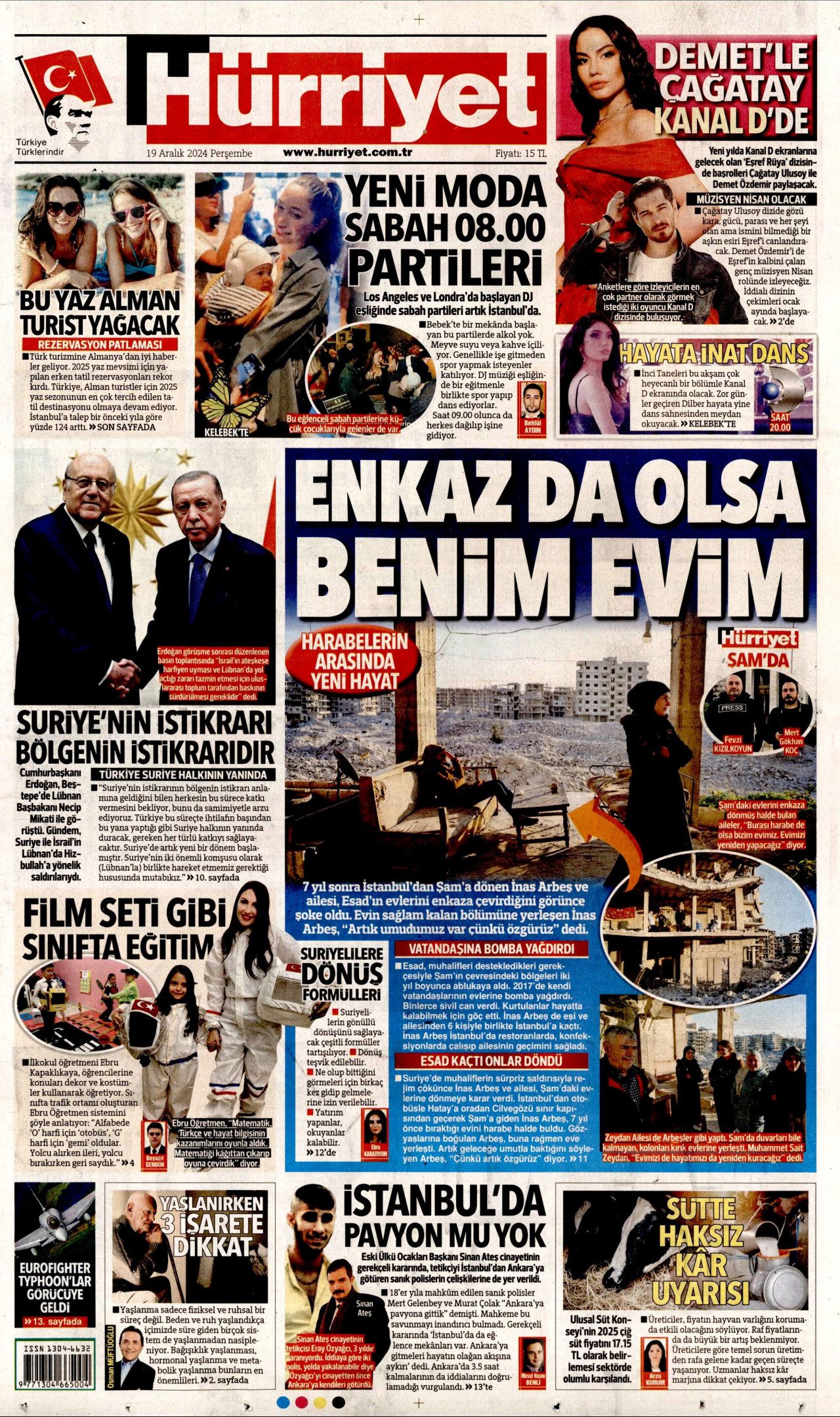 HÜRRİYET gazetesinin 19 Aralık 2024 tarihli birinci sayfası
