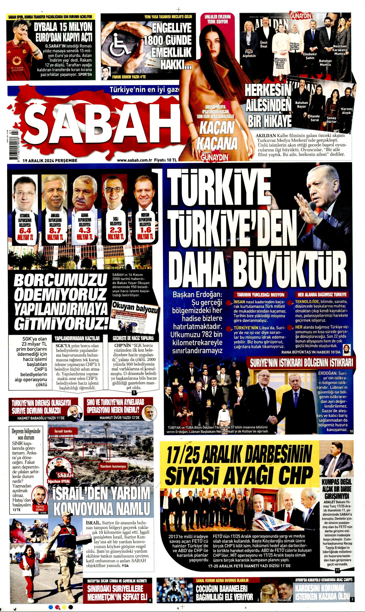 SABAH gazetesinin 19 Aralık 2024 tarihli birinci sayfası