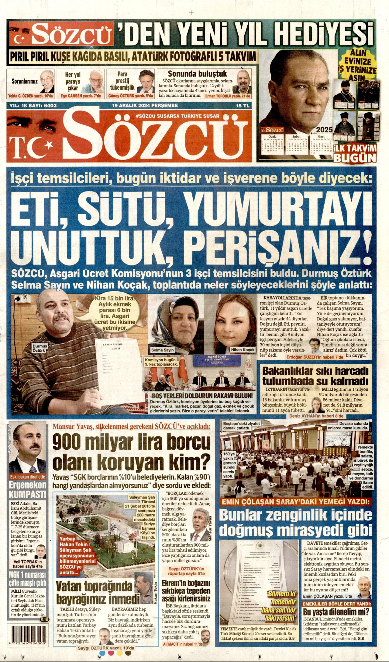 SÖZCÜ gazetesinin 19 Aralık 2024 tarihli birinci sayfası