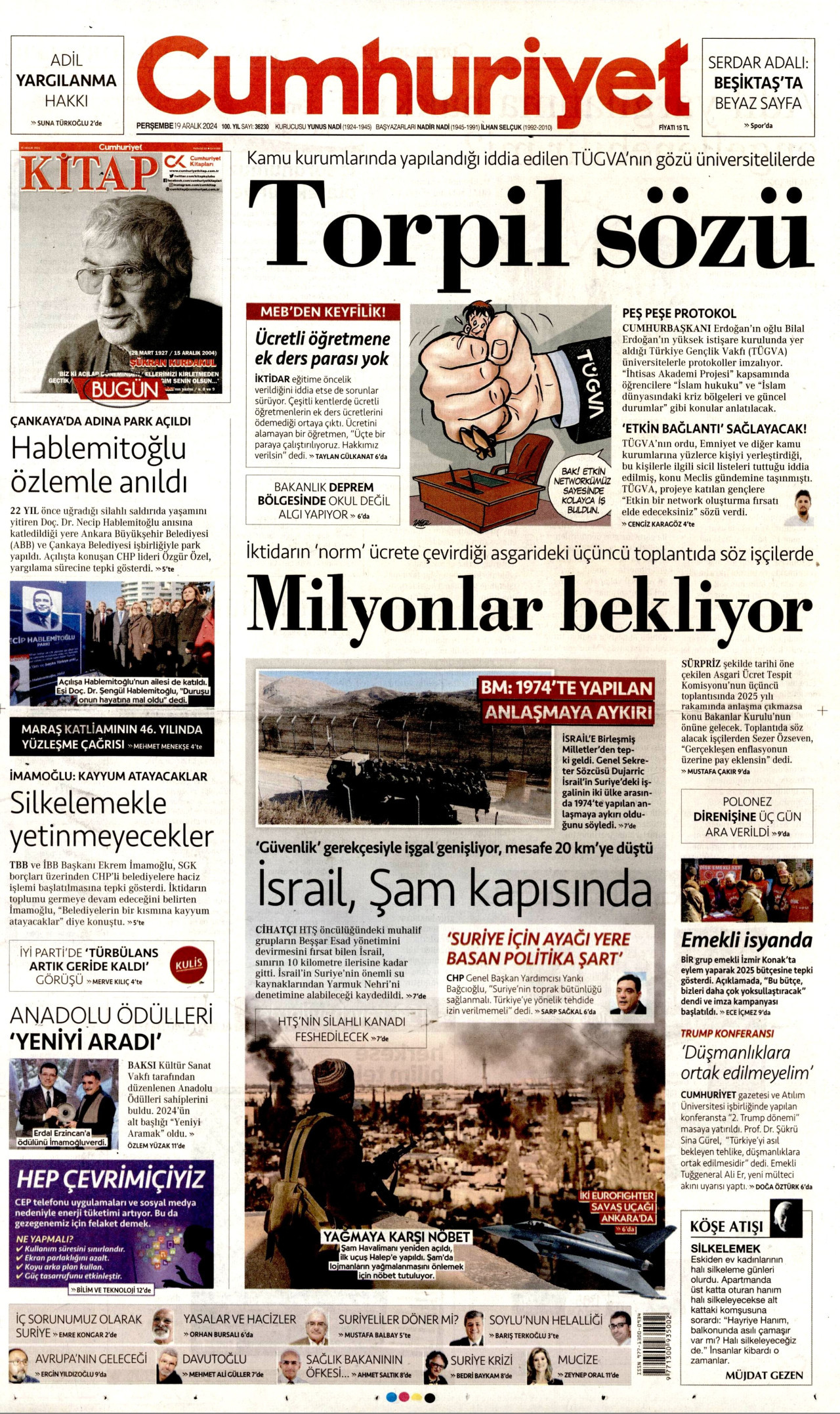 CUMHURİYET gazetesinin 19 Aralık 2024 tarihli birinci sayfası
