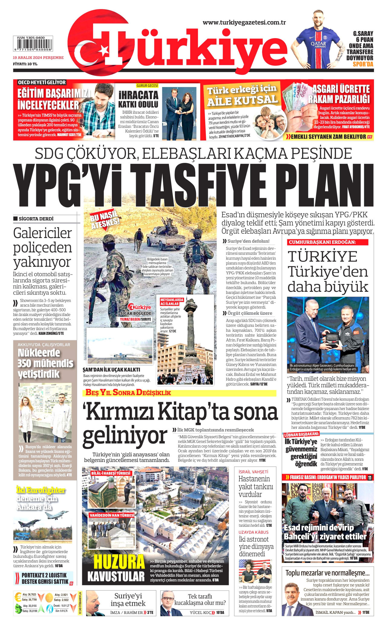 TÜRKİYE GAZETESİ gazetesinin 19 Aralık 2024 tarihli birinci sayfası