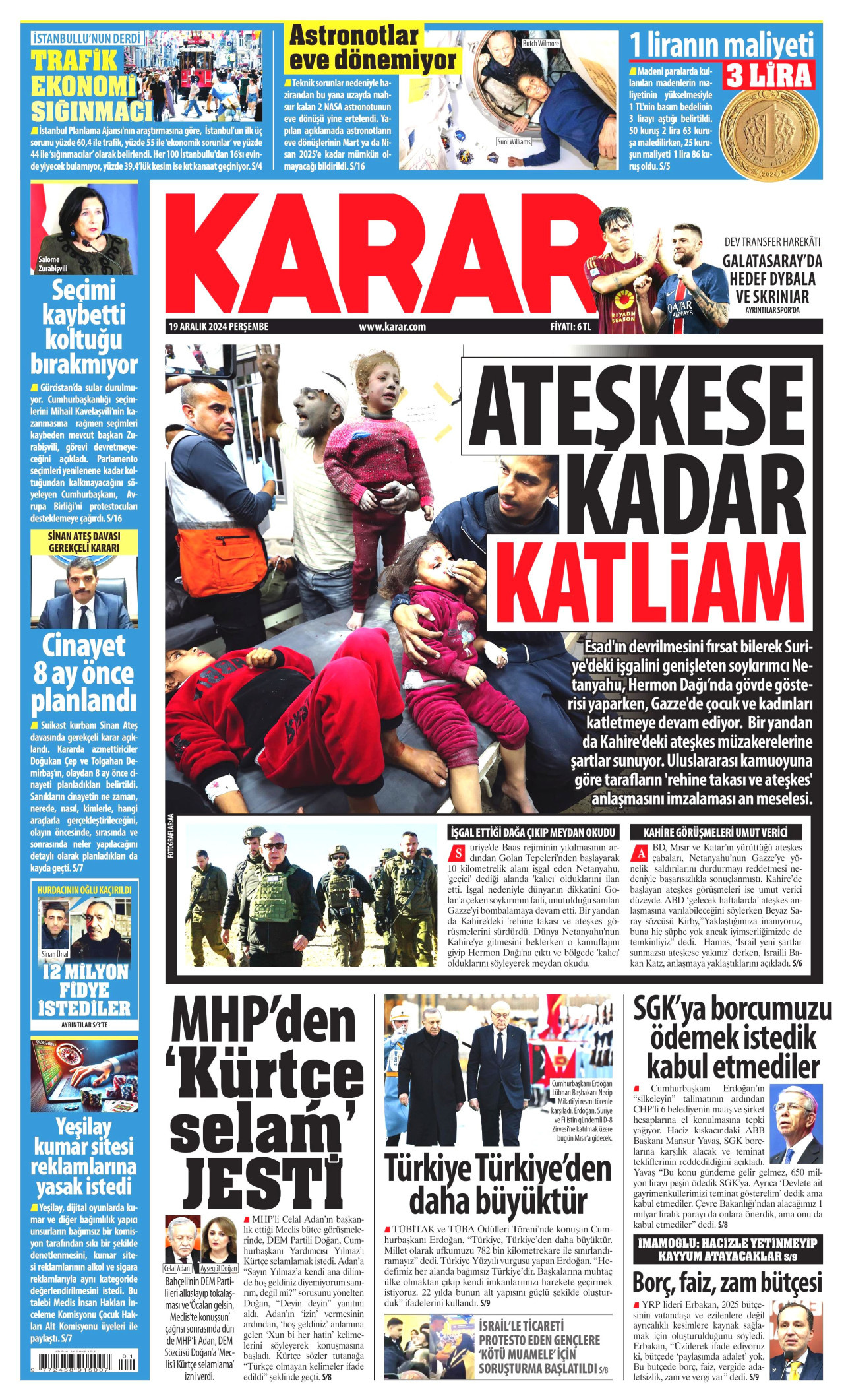 KARAR gazetesinin 19 Aralık 2024 tarihli birinci sayfası