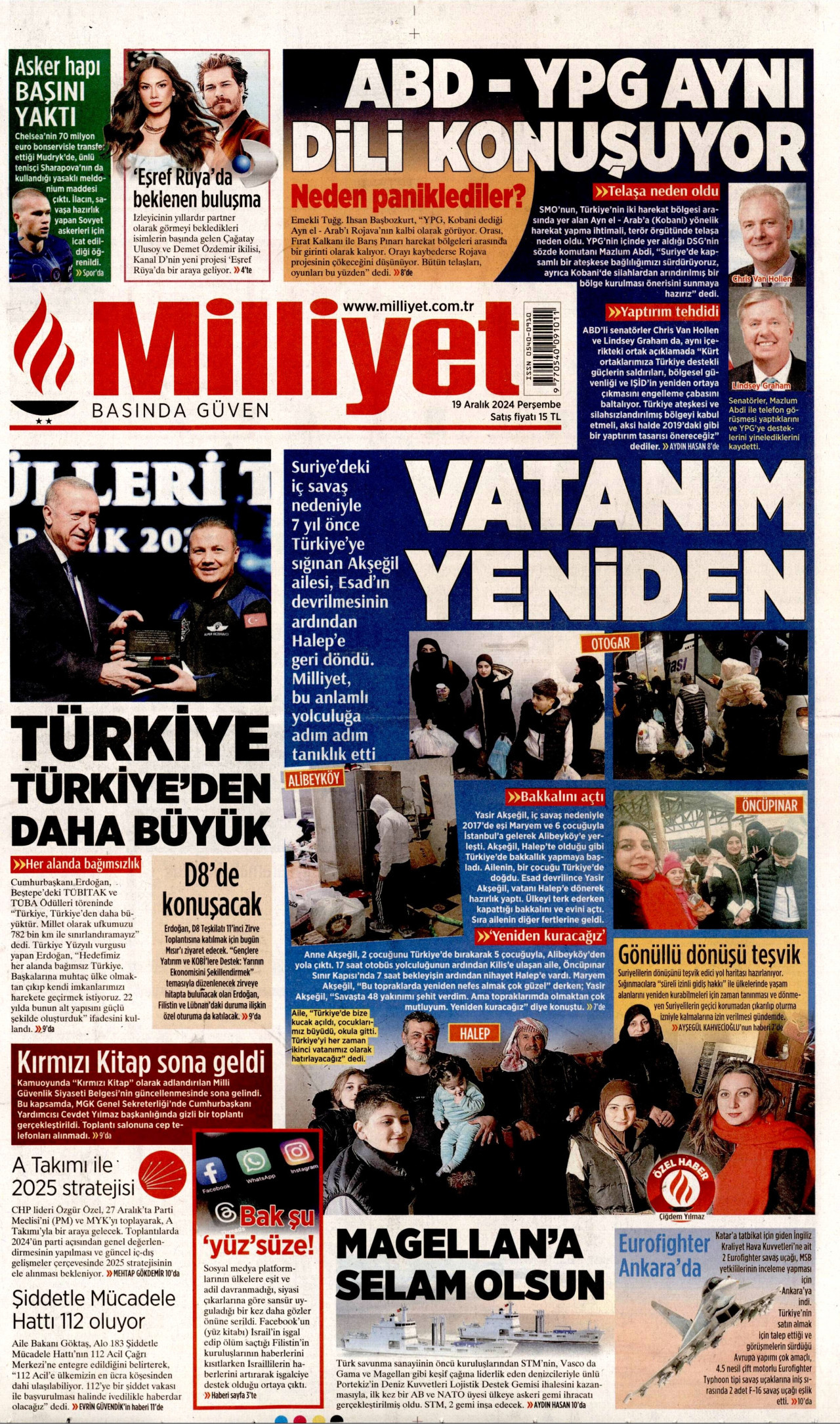 MİLLİYET gazetesinin 19 Aralık 2024 tarihli birinci sayfası