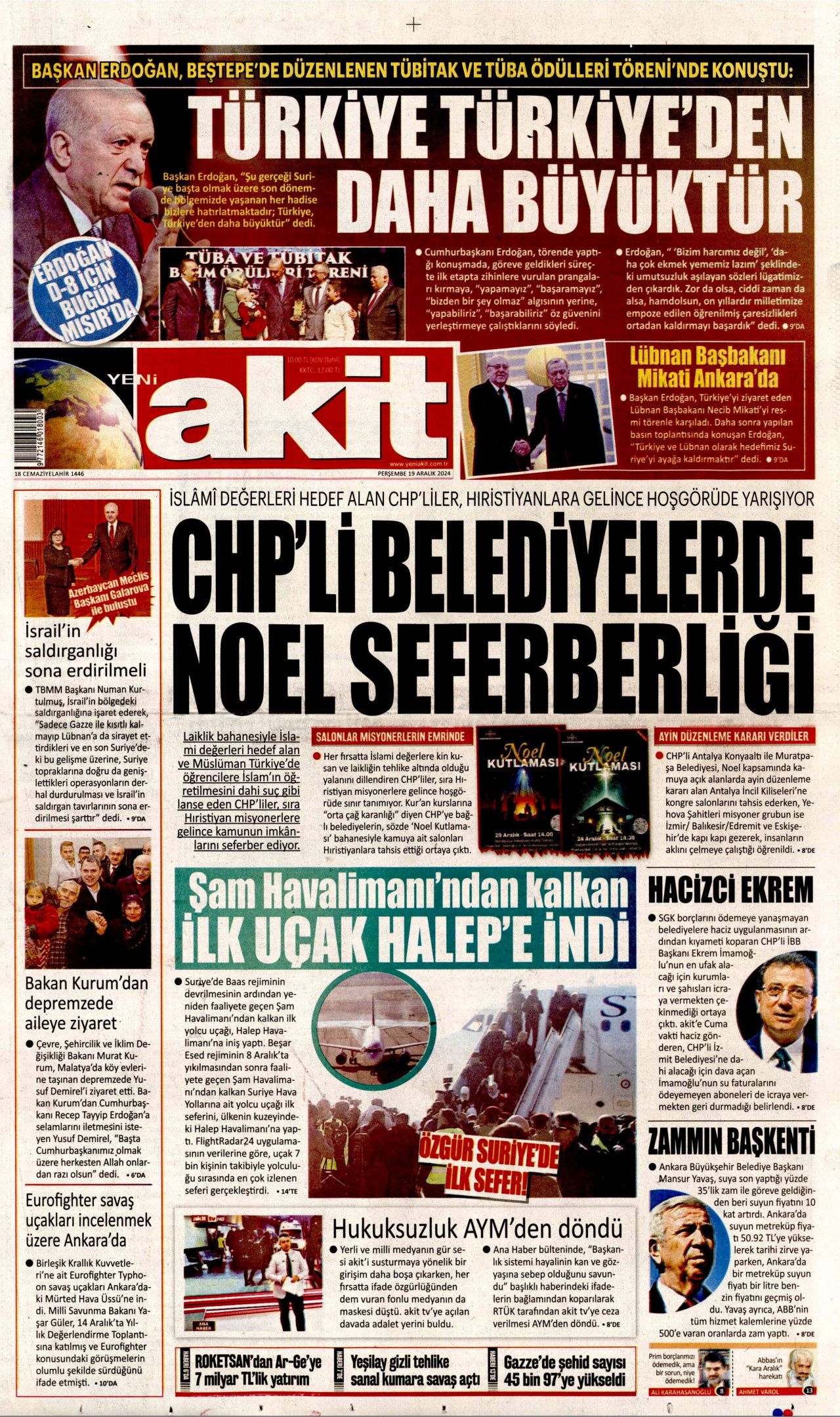 YENİ AKİT gazetesinin 19 Aralık 2024 tarihli birinci sayfası