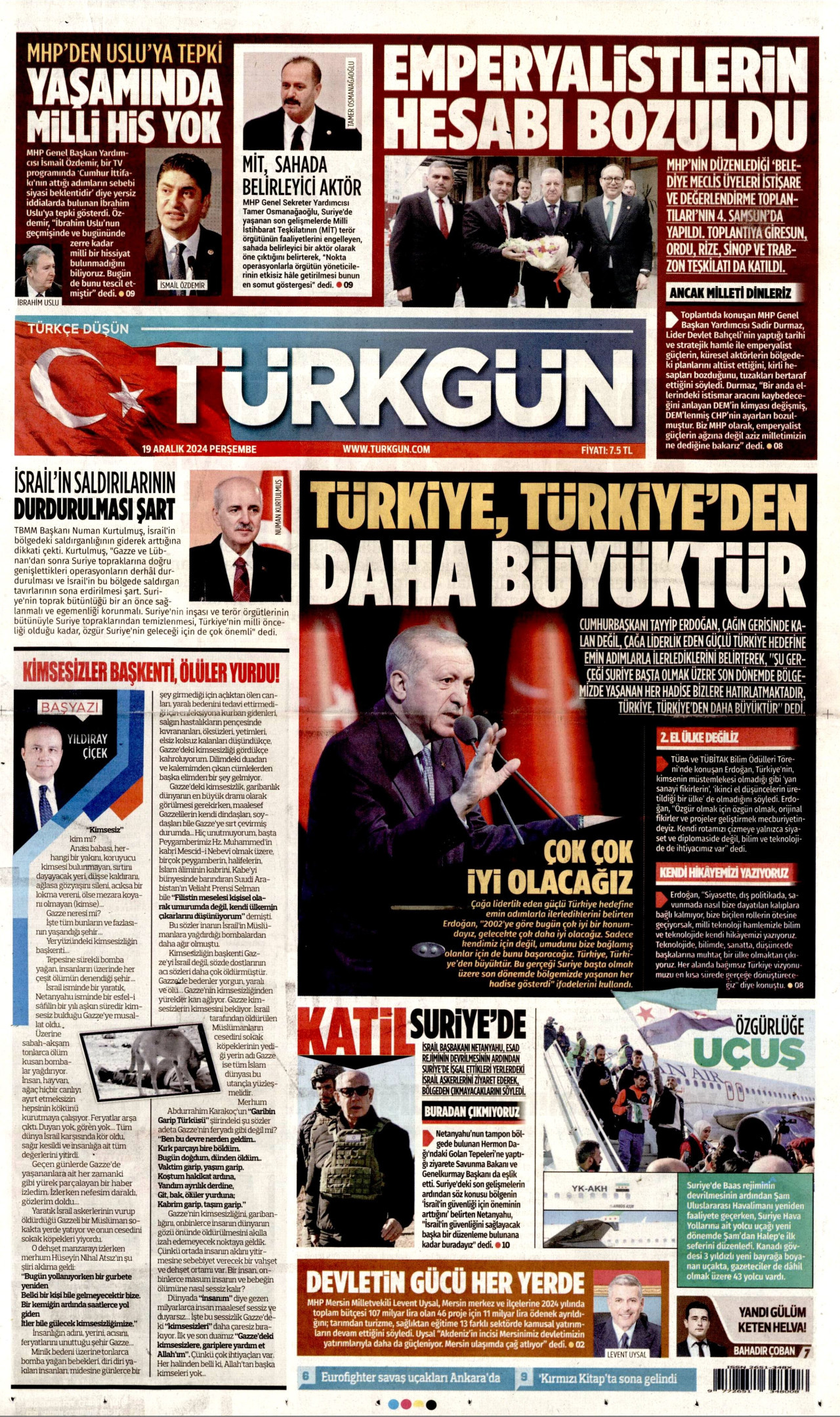 TÜRKGÜN gazetesinin 19 Aralık 2024 tarihli birinci sayfası