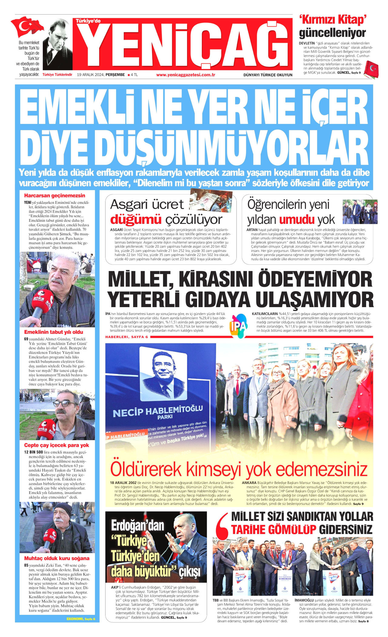 YENİÇAĞ gazetesinin 19 Aralık 2024 tarihli birinci sayfası