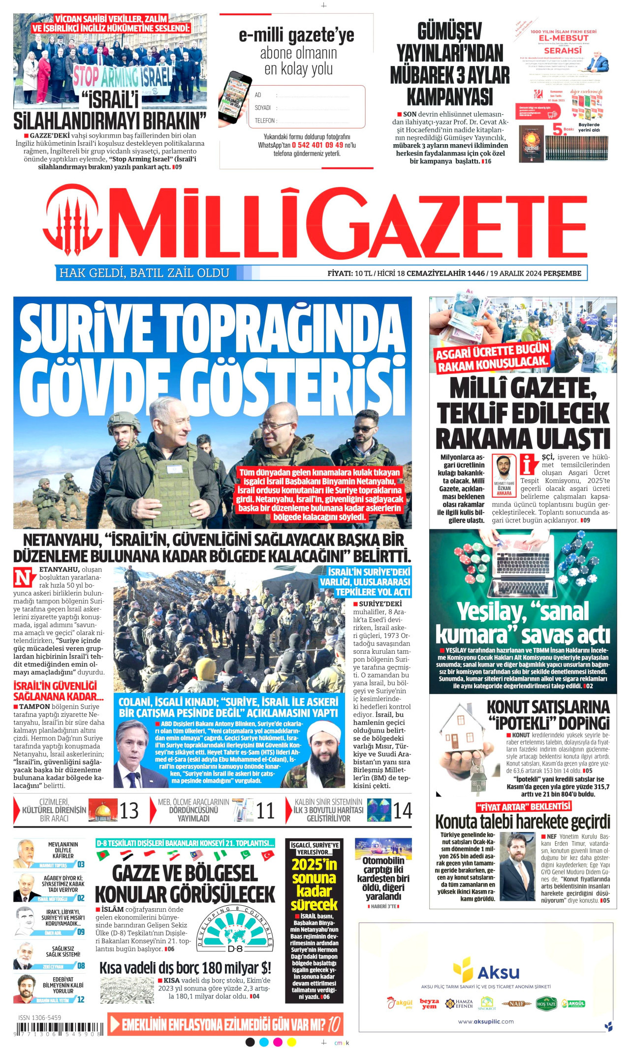 MİLLİ GAZETE gazetesinin 19 Aralık 2024 tarihli birinci sayfası