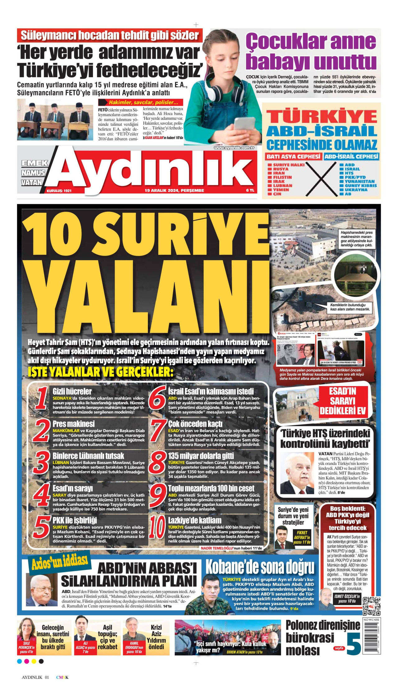 AYDINLIK GAZETESİ gazetesinin 19 Aralık 2024 tarihli birinci sayfası