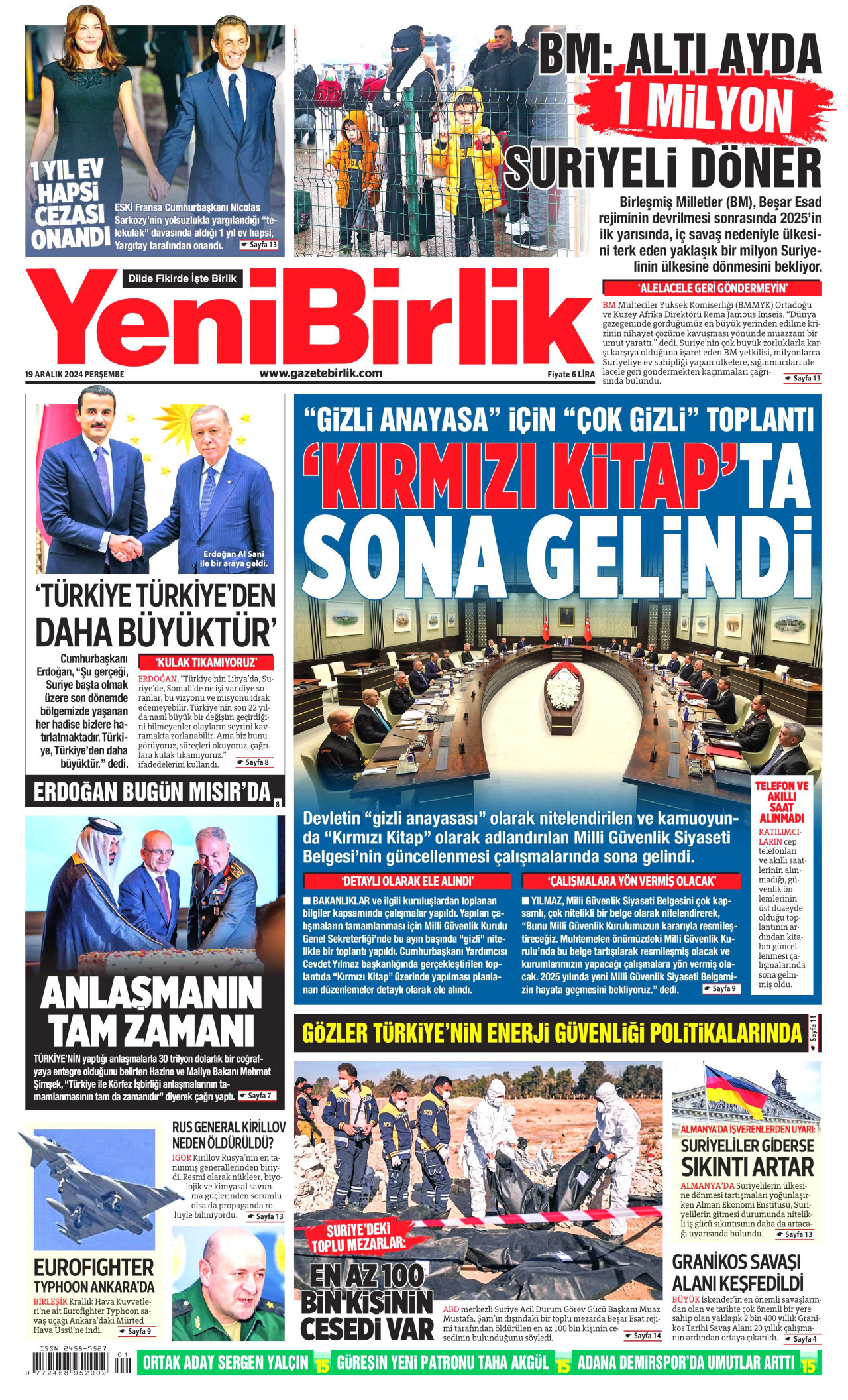 YENİBİRLİK gazetesinin 19 Aralık 2024 tarihli birinci sayfası