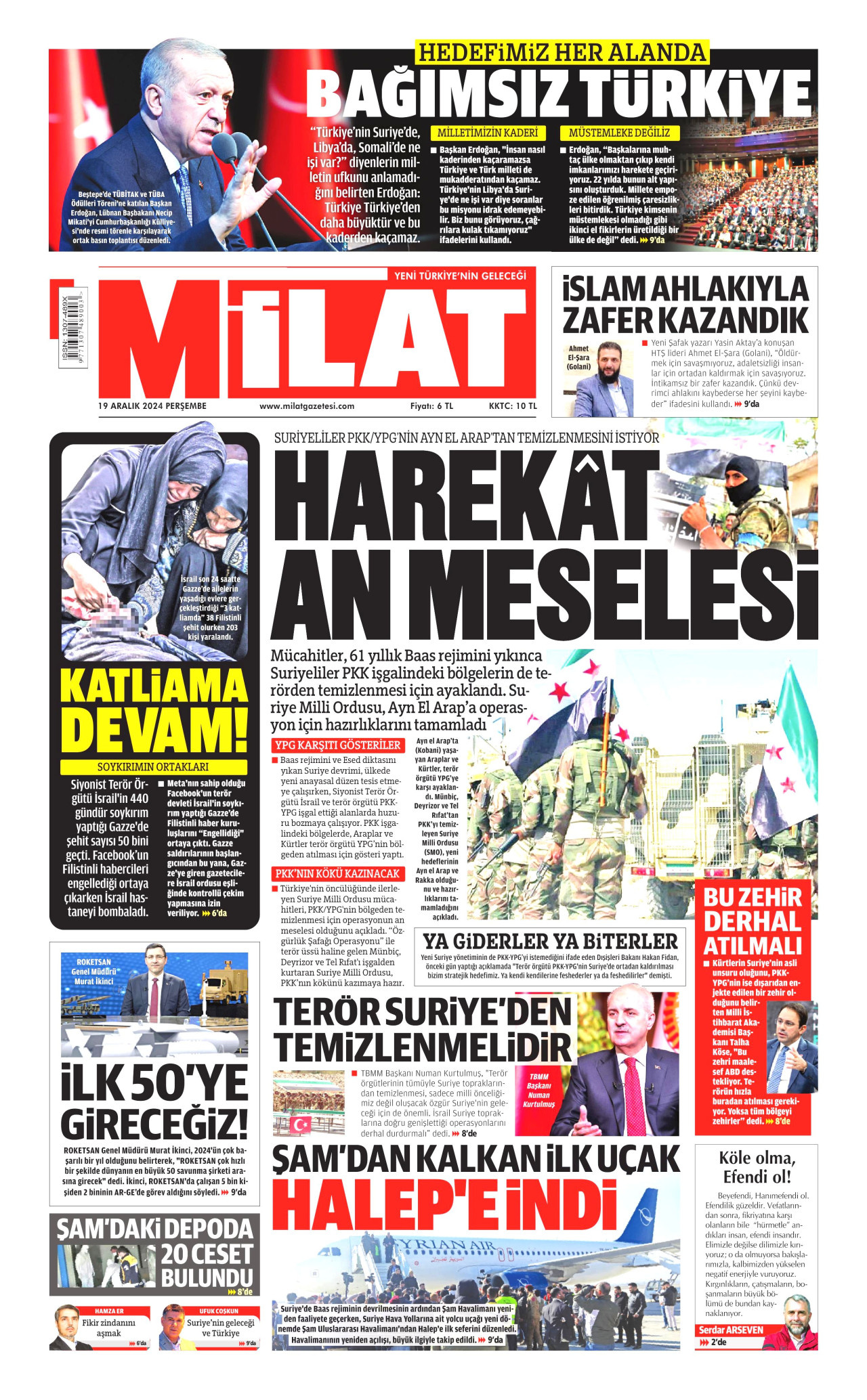 MİLAT gazetesinin 19 Aralık 2024 tarihli birinci sayfası