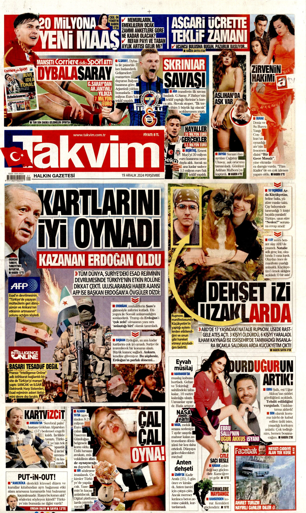 TAKVİM gazetesinin 19 Aralık 2024 tarihli birinci sayfası