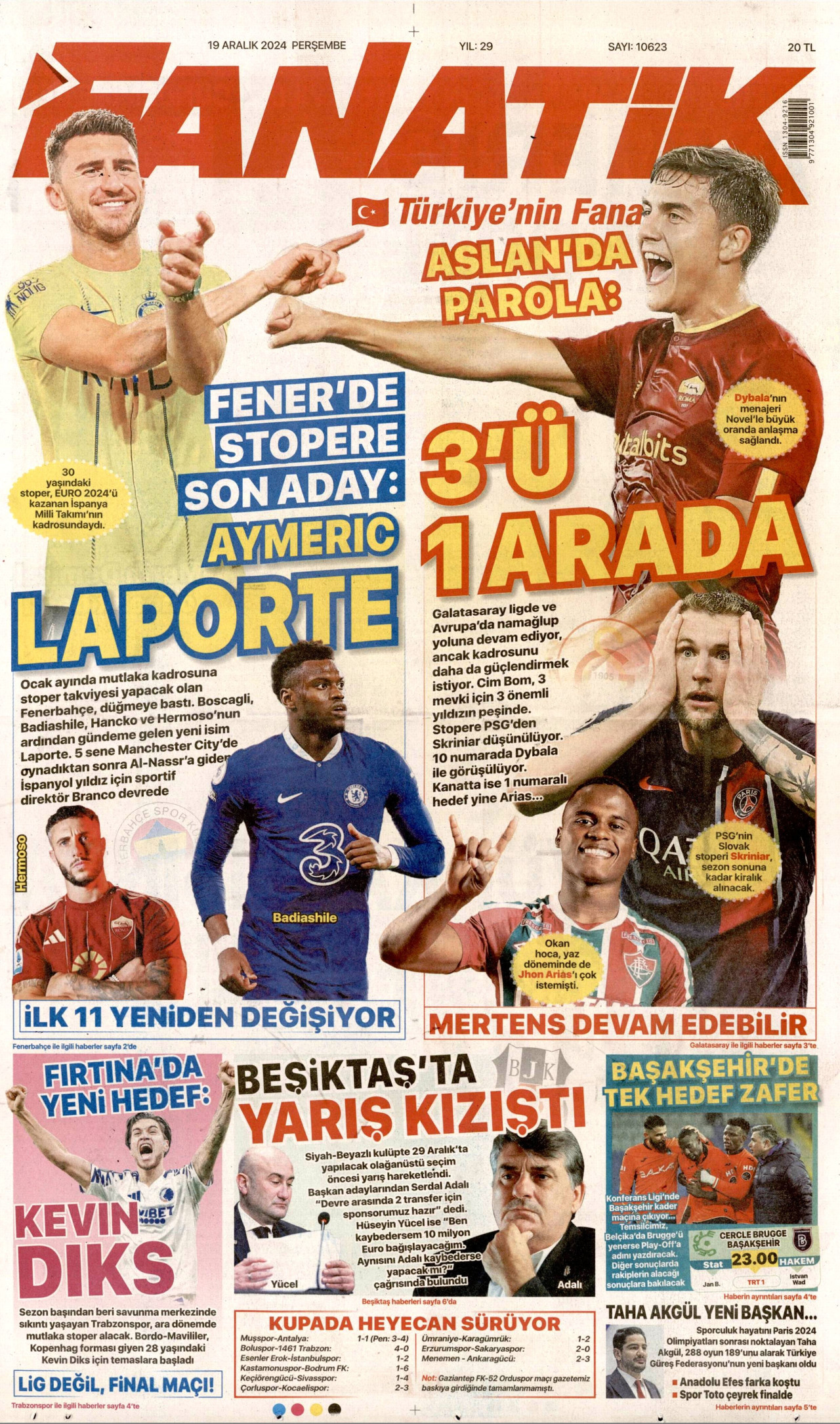 FANATİK gazetesinin 19 Aralık 2024 tarihli birinci sayfası