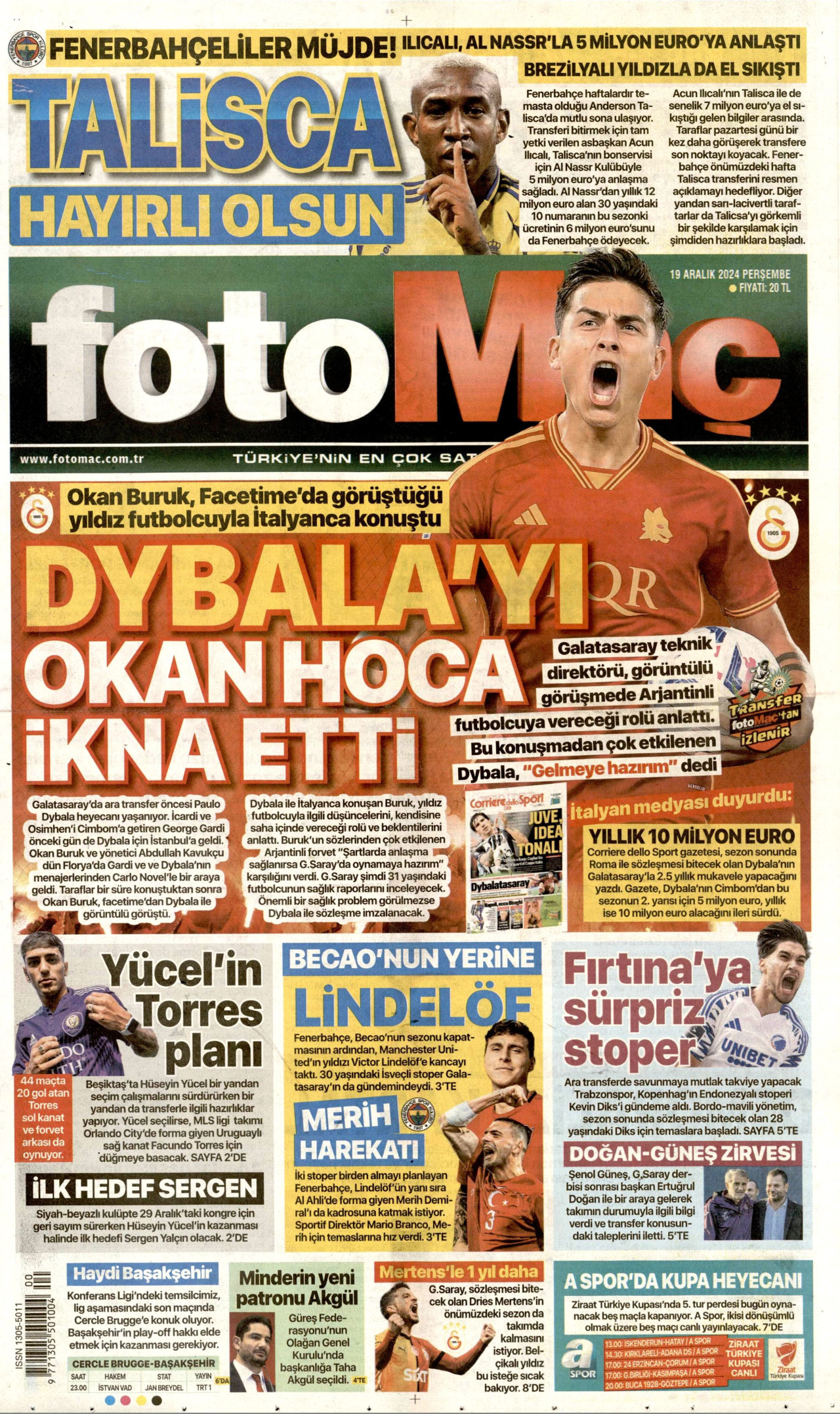 FOTOMAÇ gazetesinin 19 Aralık 2024 tarihli birinci sayfası