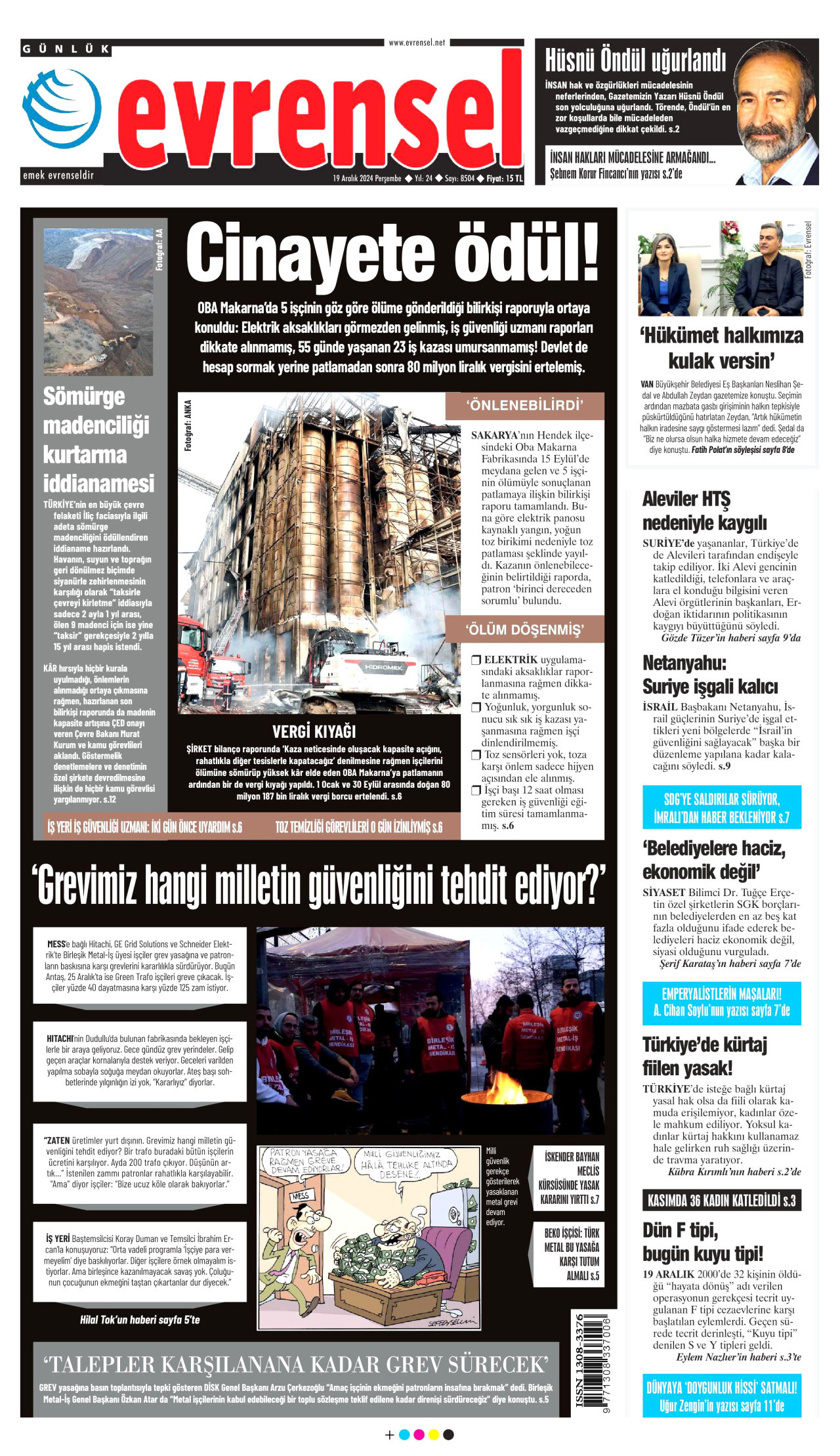 EVRENSEL gazetesinin 19 Aralık 2024 tarihli birinci sayfası