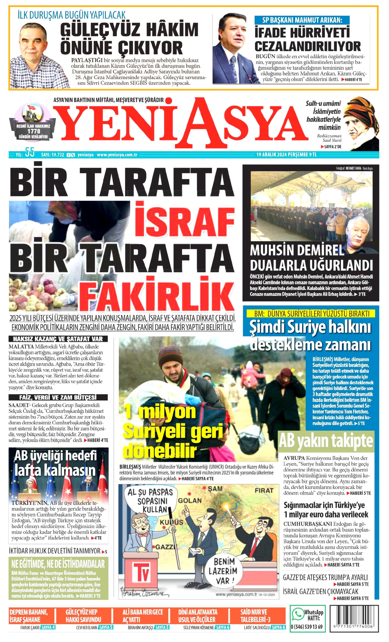 YENİ ASYA gazetesinin 19 Aralık 2024 tarihli birinci sayfası