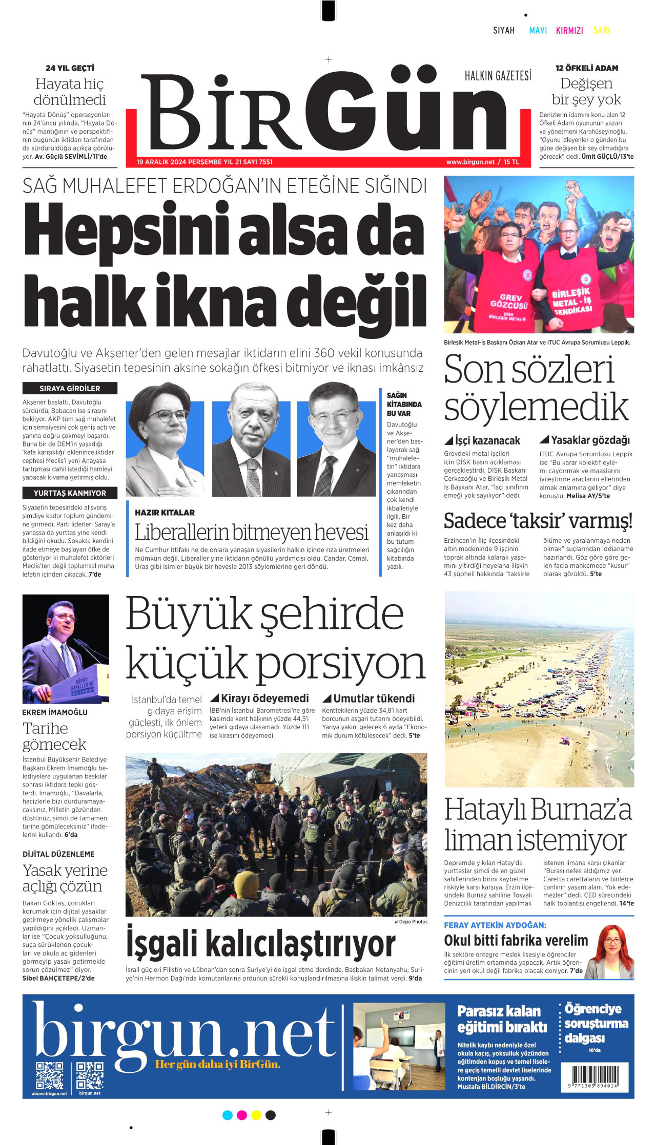 BİRGÜN gazetesinin 19 Aralık 2024 tarihli birinci sayfası