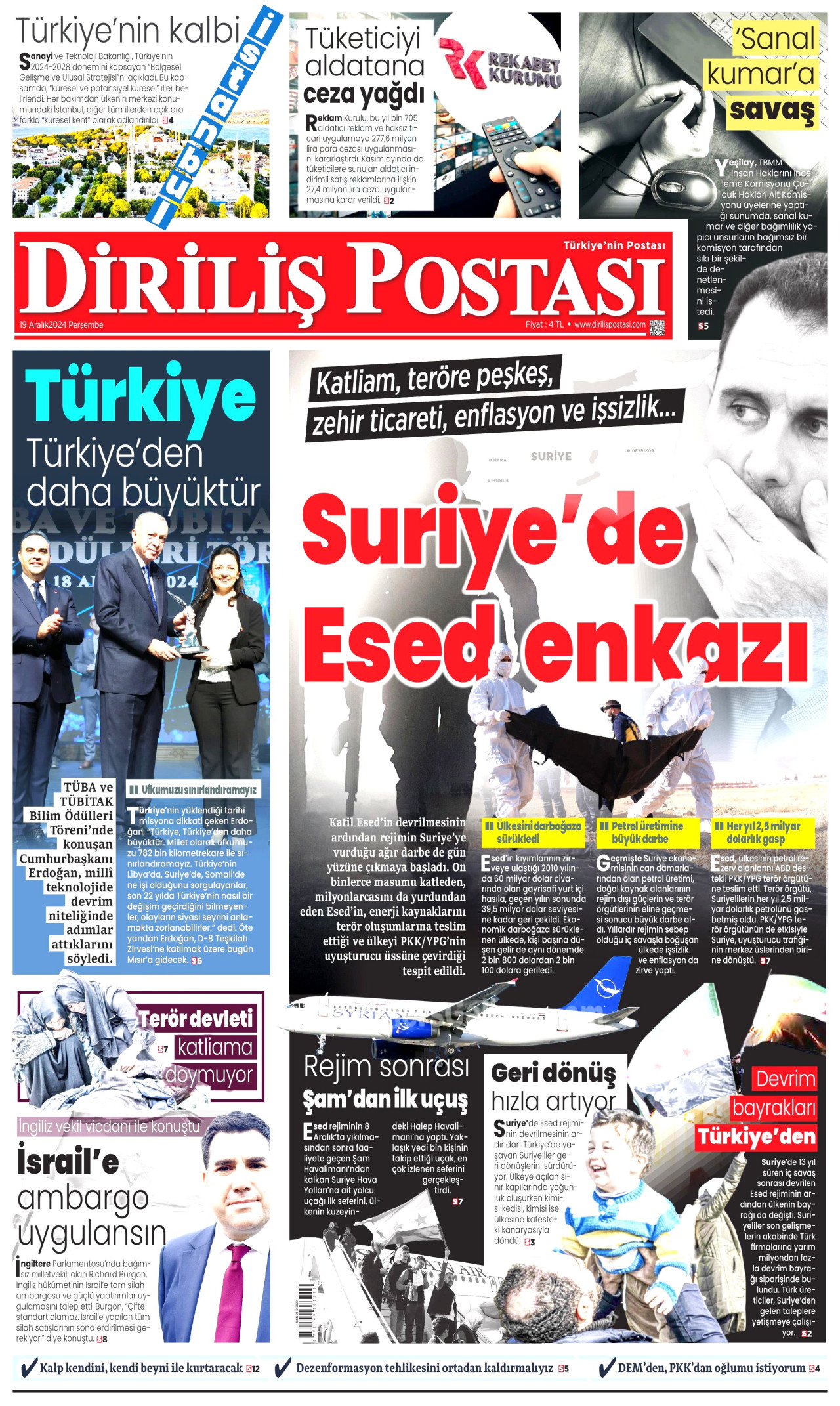 DİRİLİŞ POSTASI gazetesinin 19 Aralık 2024 tarihli birinci sayfası