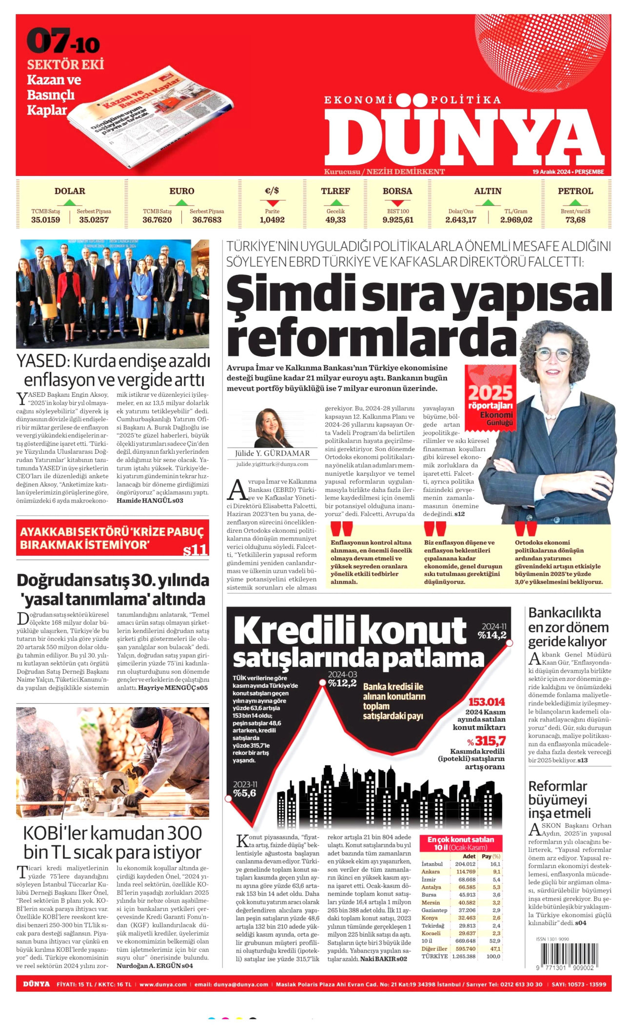 DÜNYA gazetesinin 19 Aralık 2024 tarihli birinci sayfası