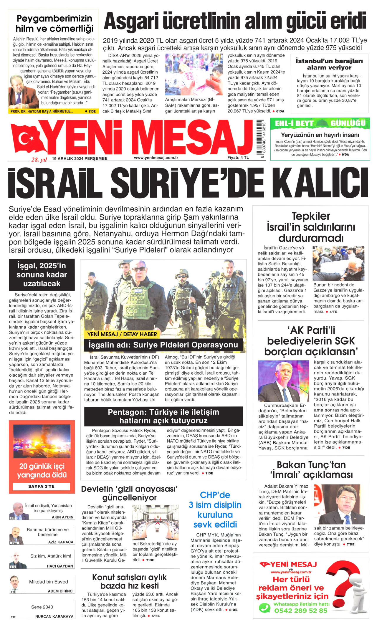 YENİ MESAJ gazetesinin 19 Aralık 2024 tarihli birinci sayfası