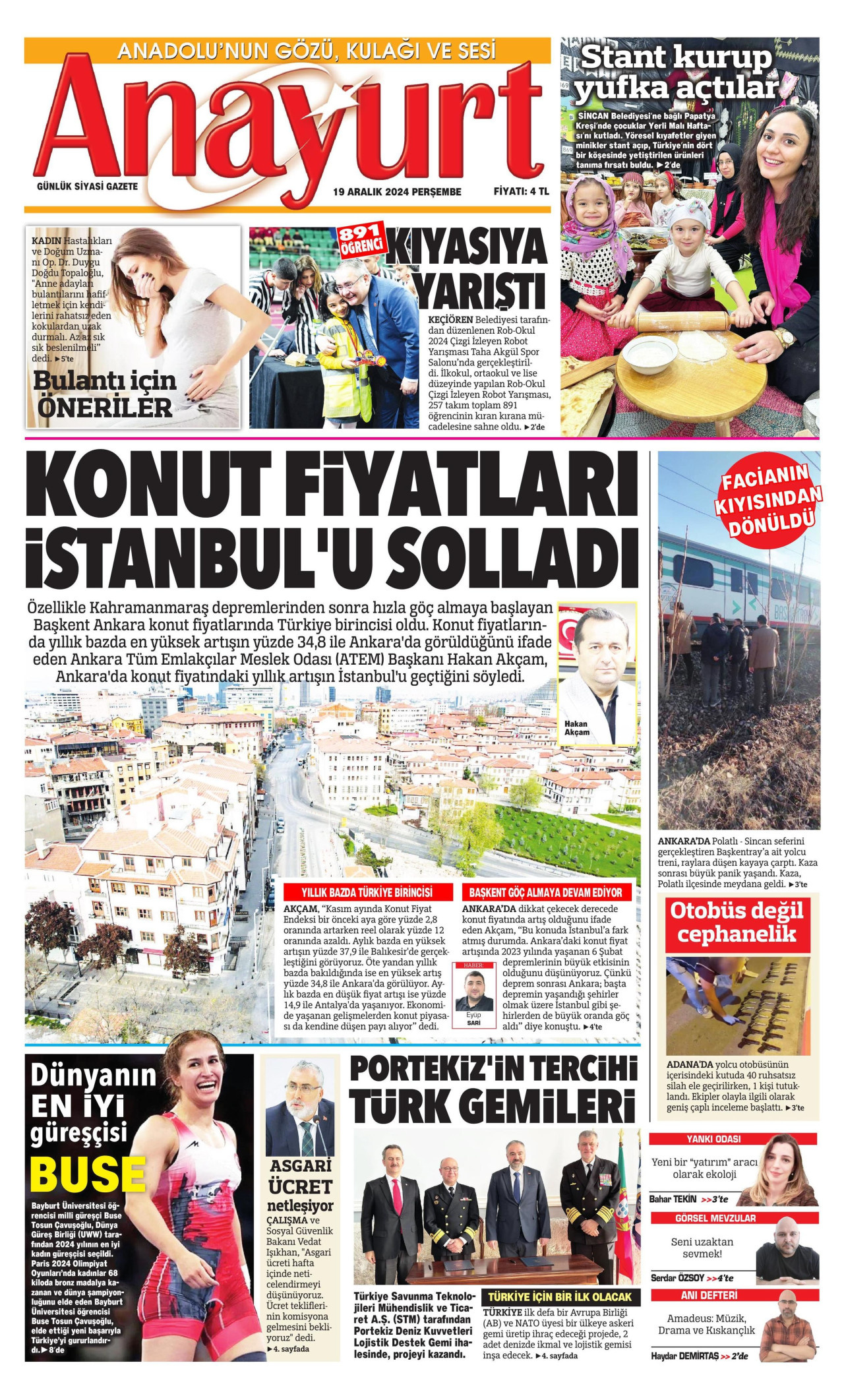 ANAYURT gazetesinin 19 Aralık 2024 tarihli birinci sayfası