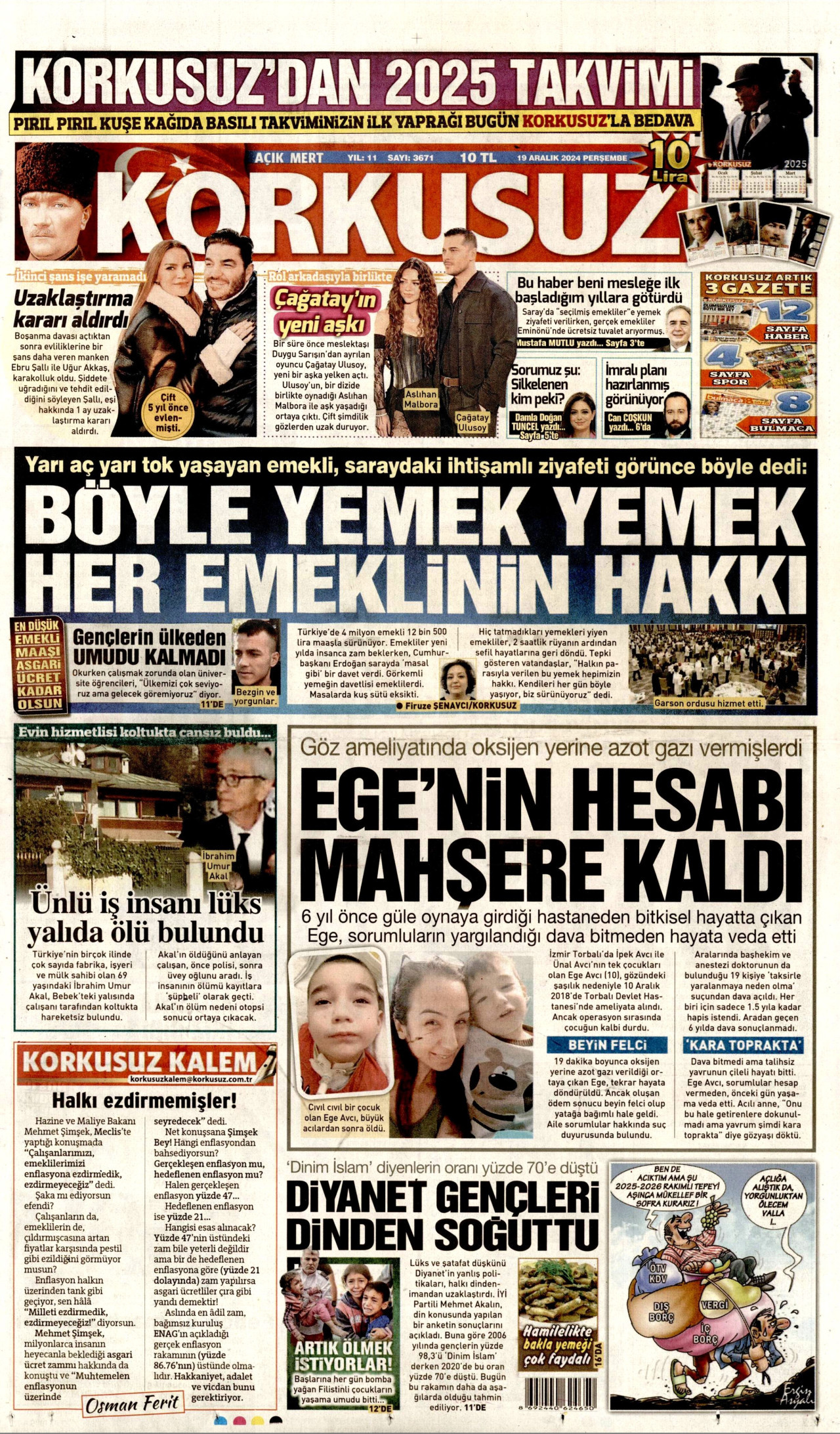 KORKUSUZ gazetesinin 19 Aralık 2024 tarihli birinci sayfası