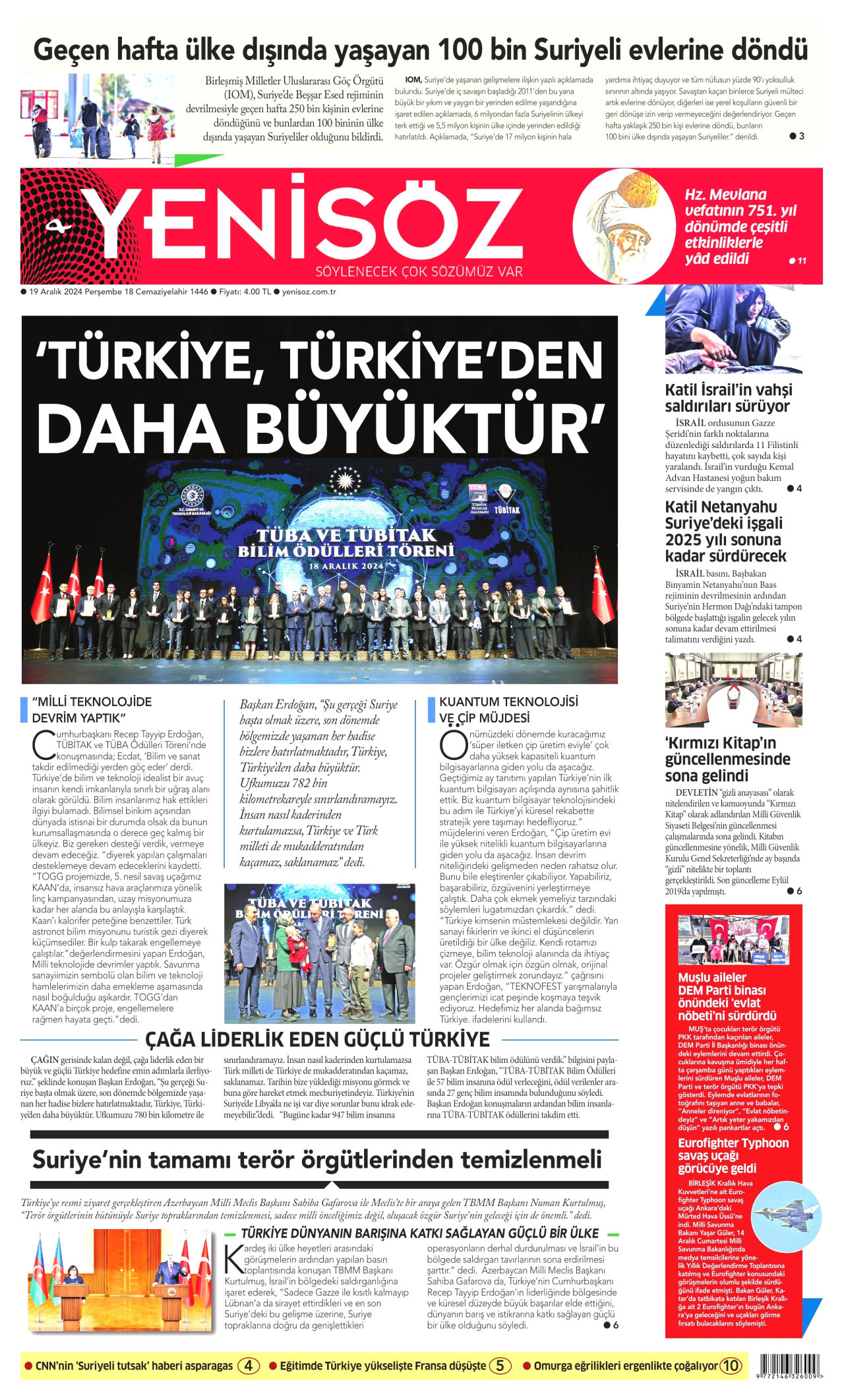 YENİ SÖZ GAZETESİ gazetesinin 19 Aralık 2024 tarihli birinci sayfası