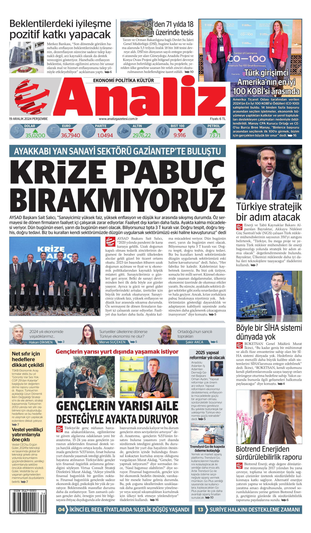 ANALİZ gazetesinin 19 Aralık 2024 tarihli birinci sayfası