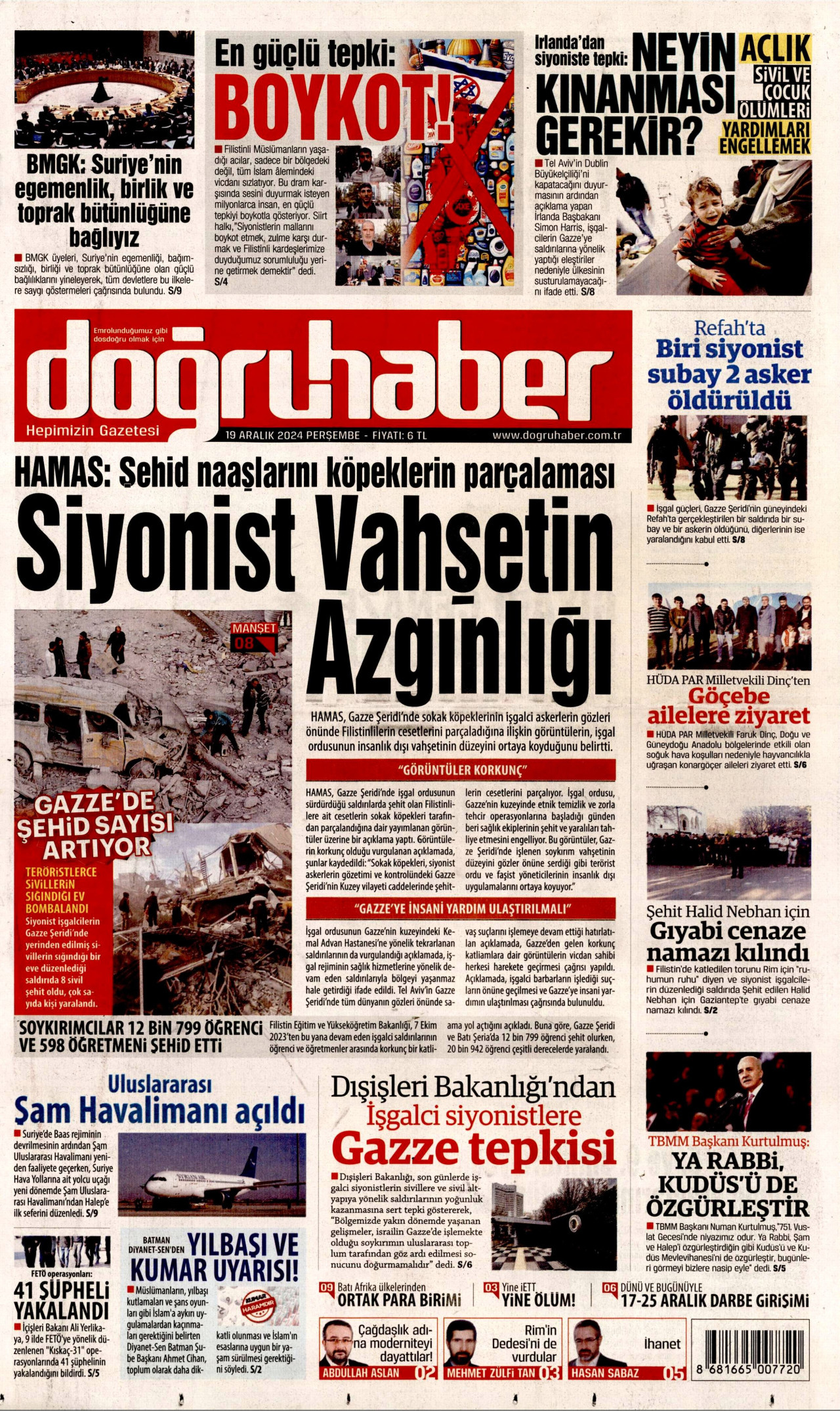 DOĞRU HABER gazetesinin 19 Aralık 2024 tarihli birinci sayfası