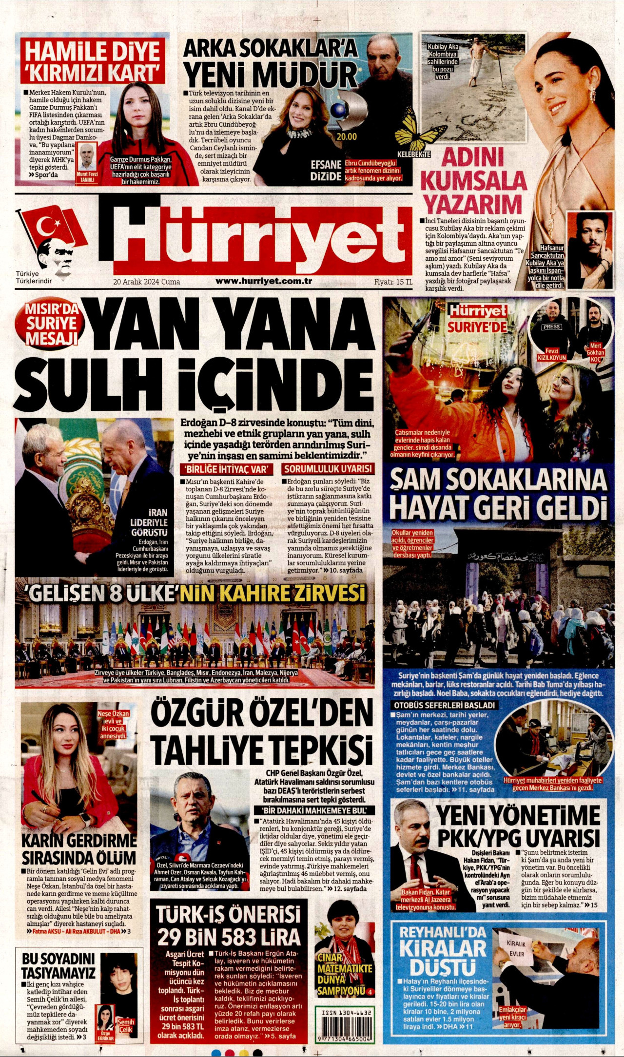HÜRRİYET gazetesinin 20 Aralık 2024 tarihli birinci sayfası