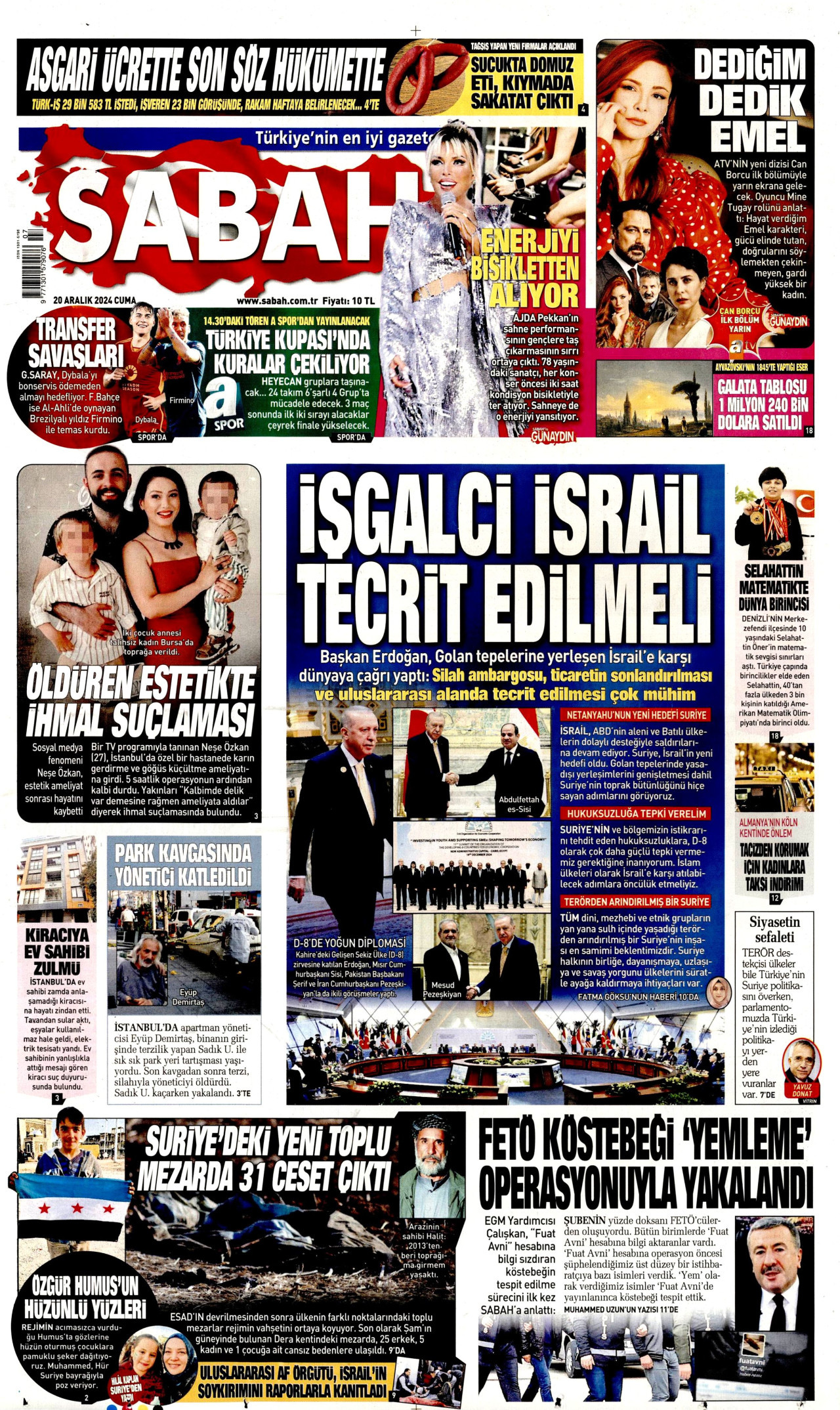 SABAH gazetesinin 20 Aralık 2024 tarihli birinci sayfası