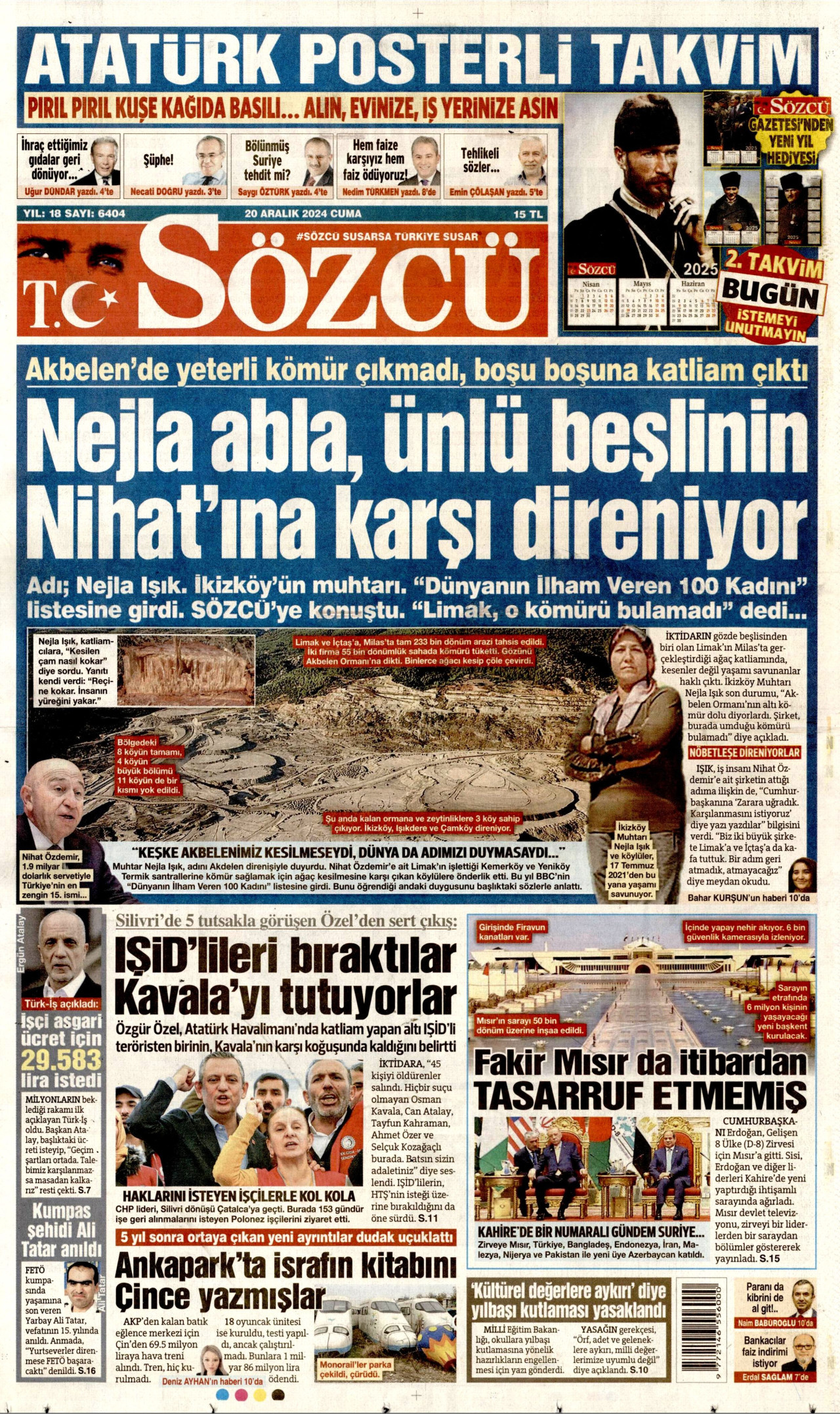 SÖZCÜ gazetesinin 20 Aralık 2024 tarihli birinci sayfası
