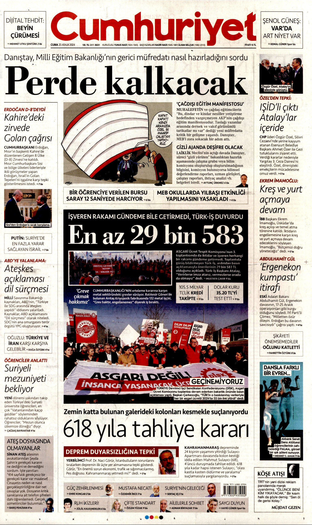 CUMHURİYET gazetesinin 20 Aralık 2024 tarihli birinci sayfası