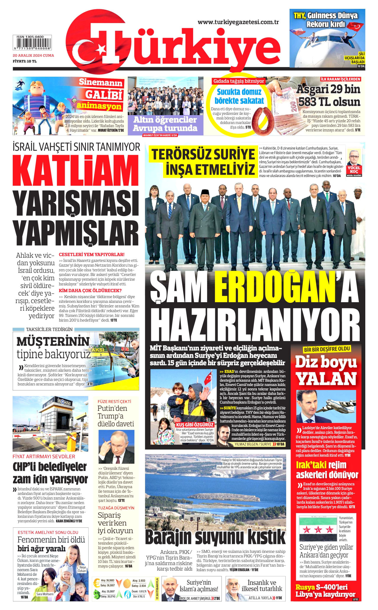 TÜRKİYE GAZETESİ gazetesinin 20 Aralık 2024 tarihli birinci sayfası