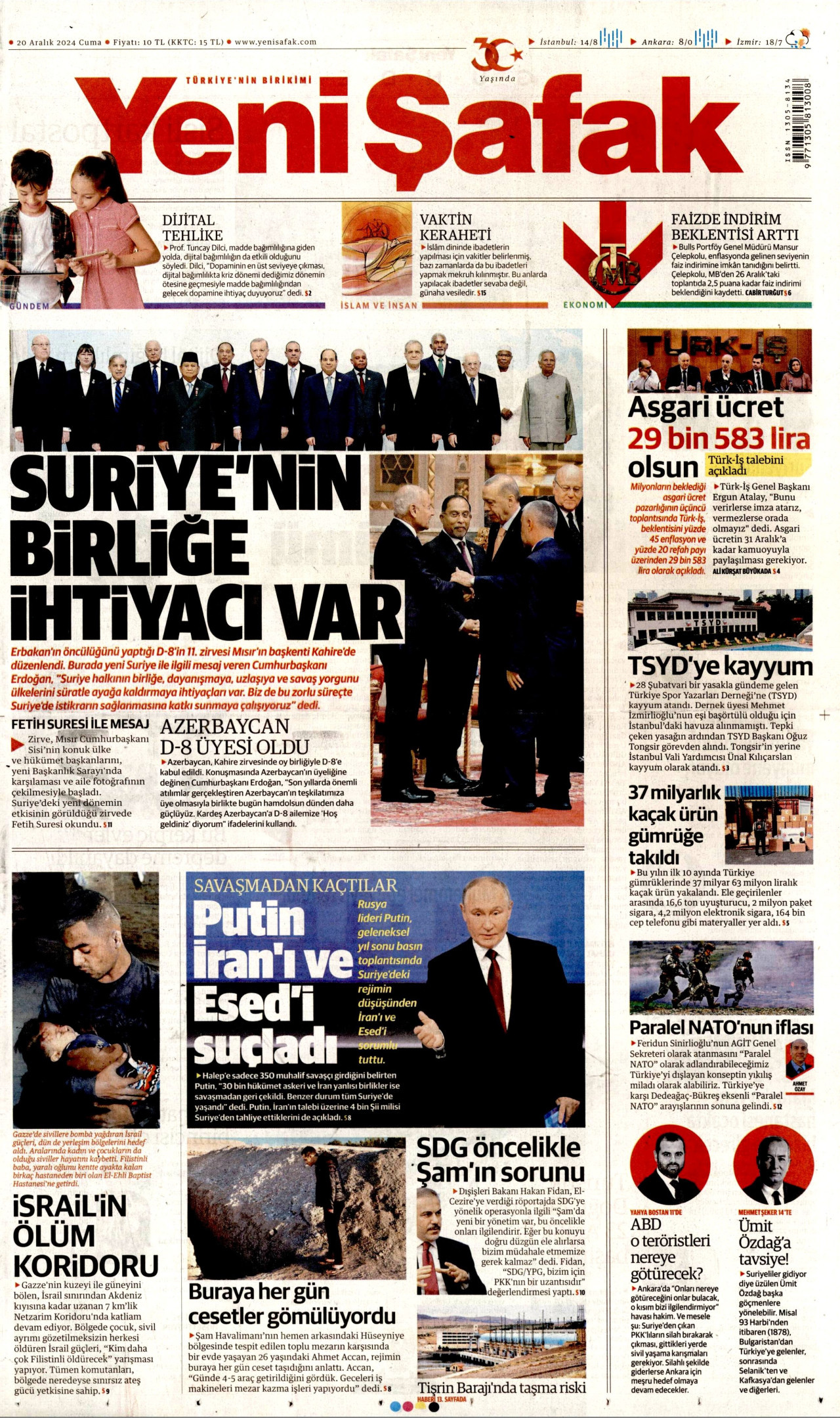 YENİ ŞAFAK gazetesinin 20 Aralık 2024 tarihli birinci sayfası