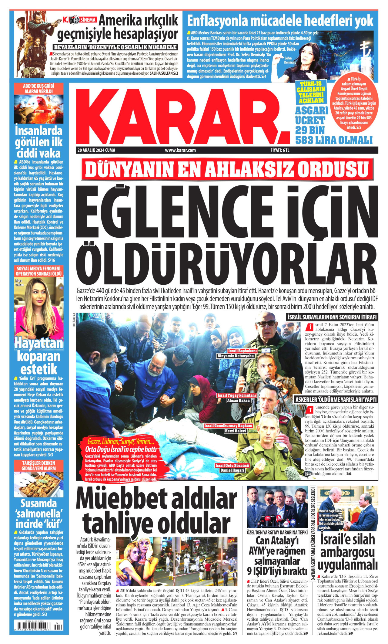 KARAR gazetesinin 20 Aralık 2024 tarihli birinci sayfası