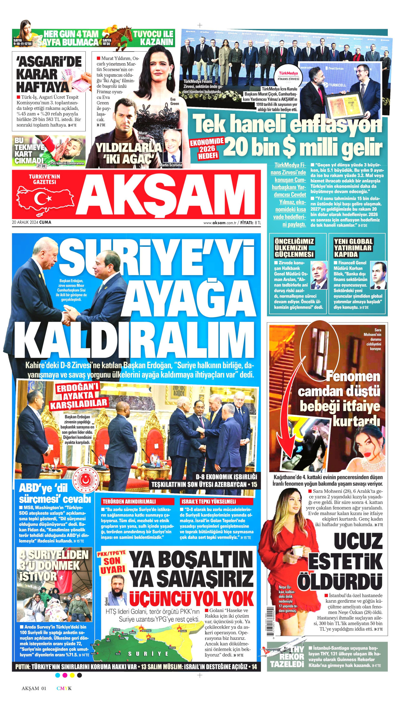 AKŞAM gazetesinin 20 Aralık 2024 tarihli birinci sayfası