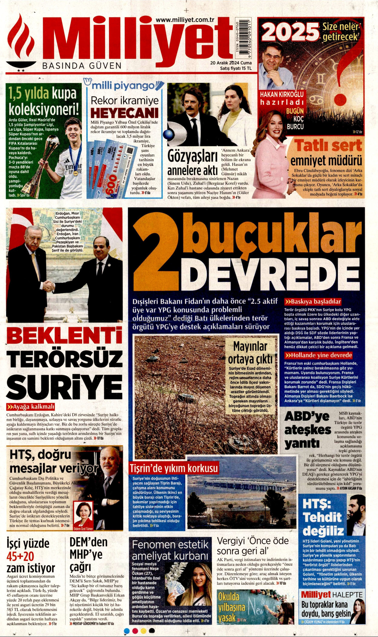 MİLLİYET gazetesinin 20 Aralık 2024 tarihli birinci sayfası