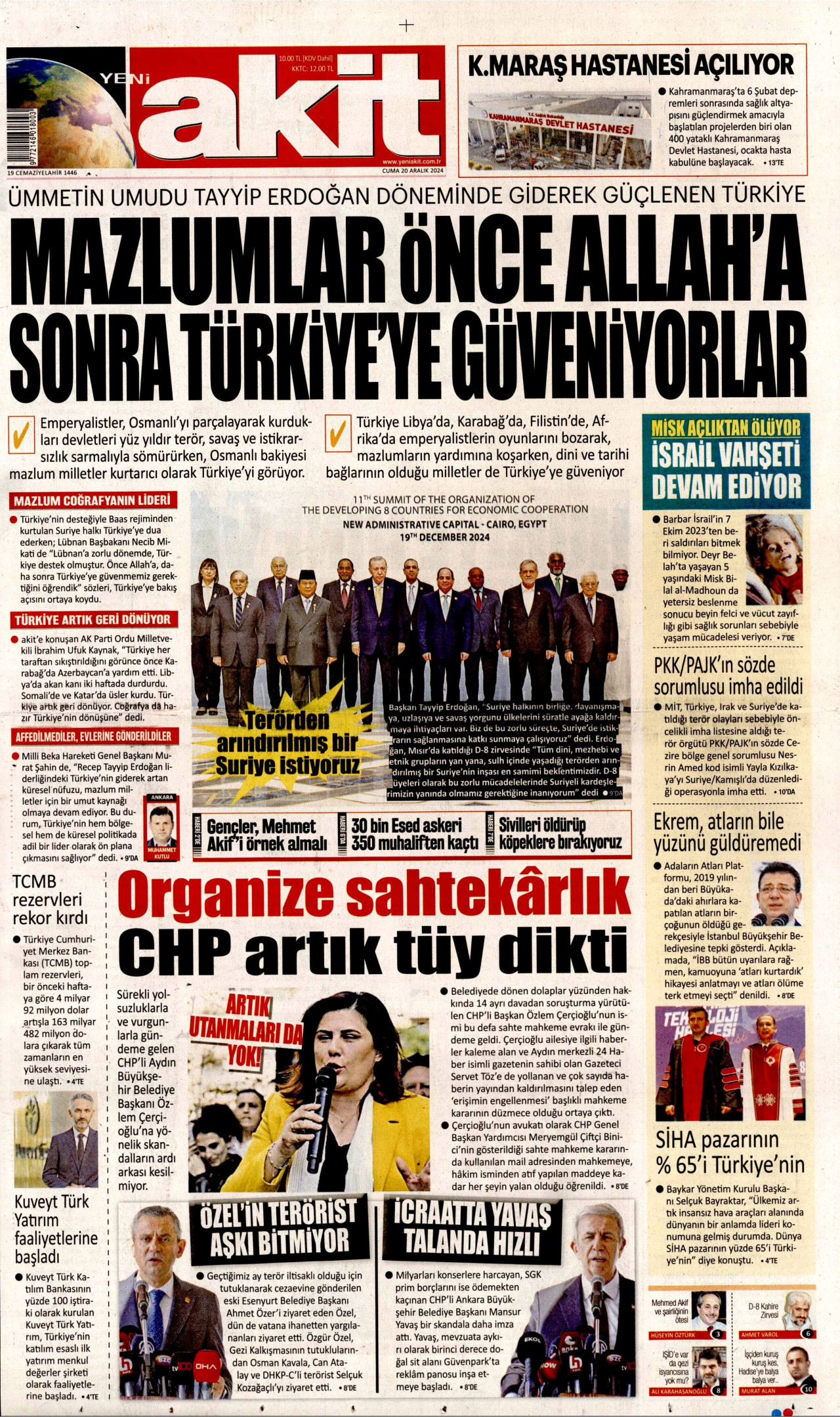YENİ AKİT gazetesinin 20 Aralık 2024 tarihli birinci sayfası