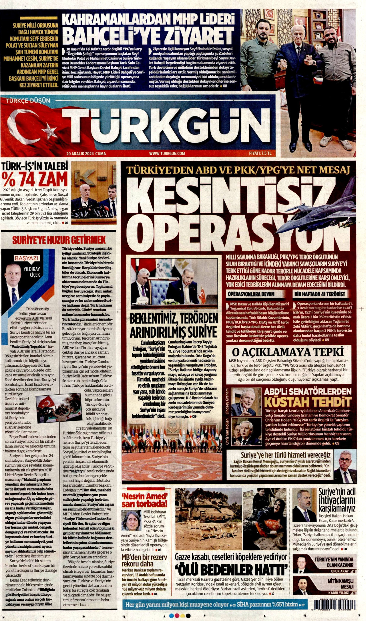 TÜRKGÜN gazetesinin 20 Aralık 2024 tarihli birinci sayfası