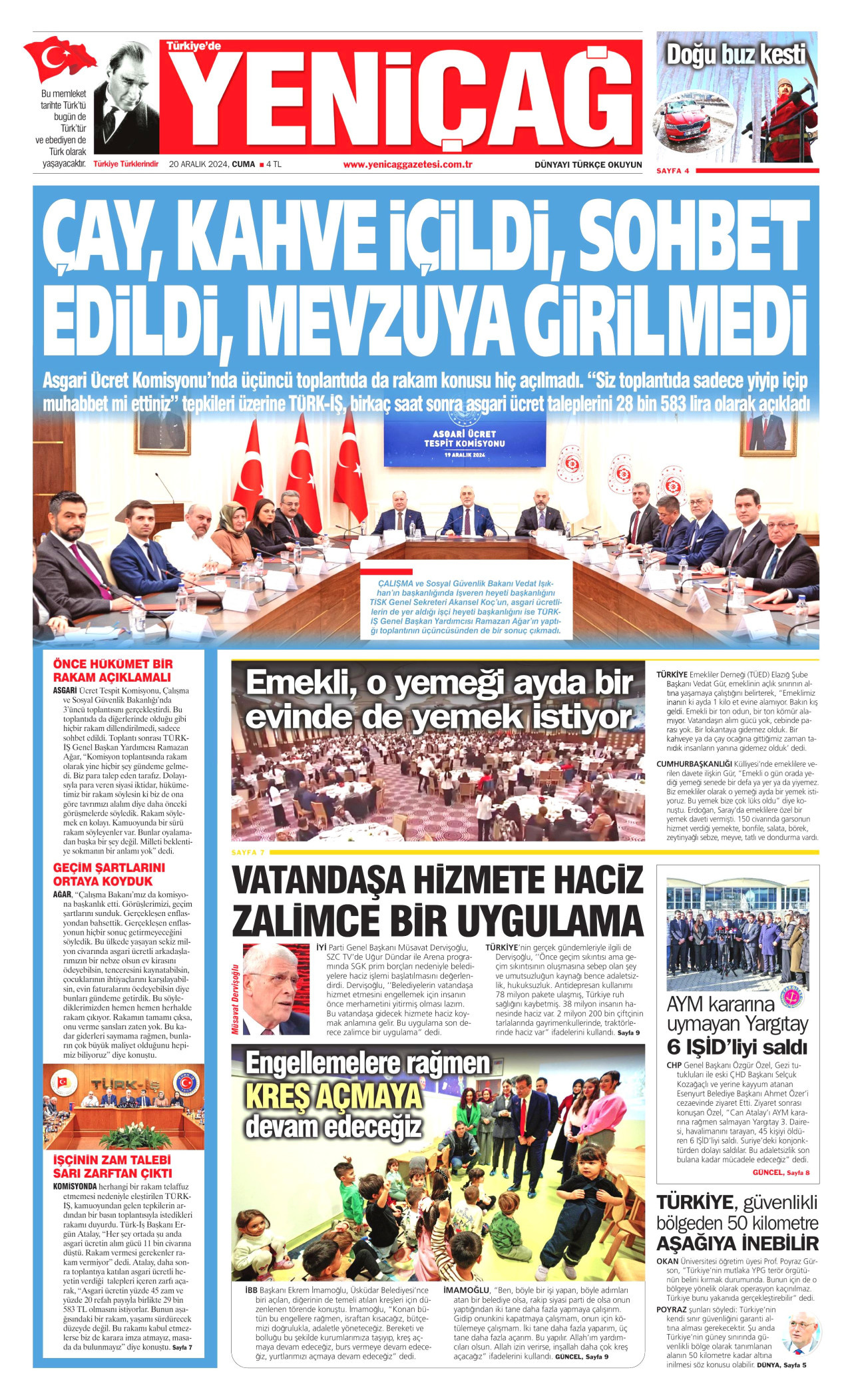 YENİÇAĞ gazetesinin 20 Aralık 2024 tarihli birinci sayfası