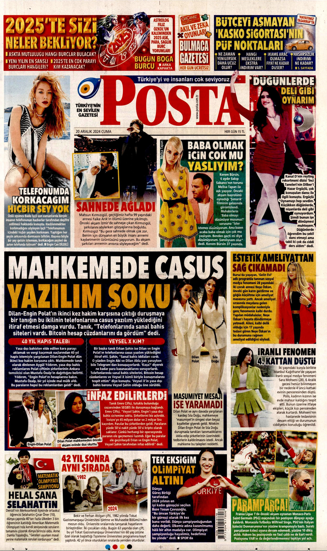 POSTA gazetesinin 20 Aralık 2024 tarihli birinci sayfası