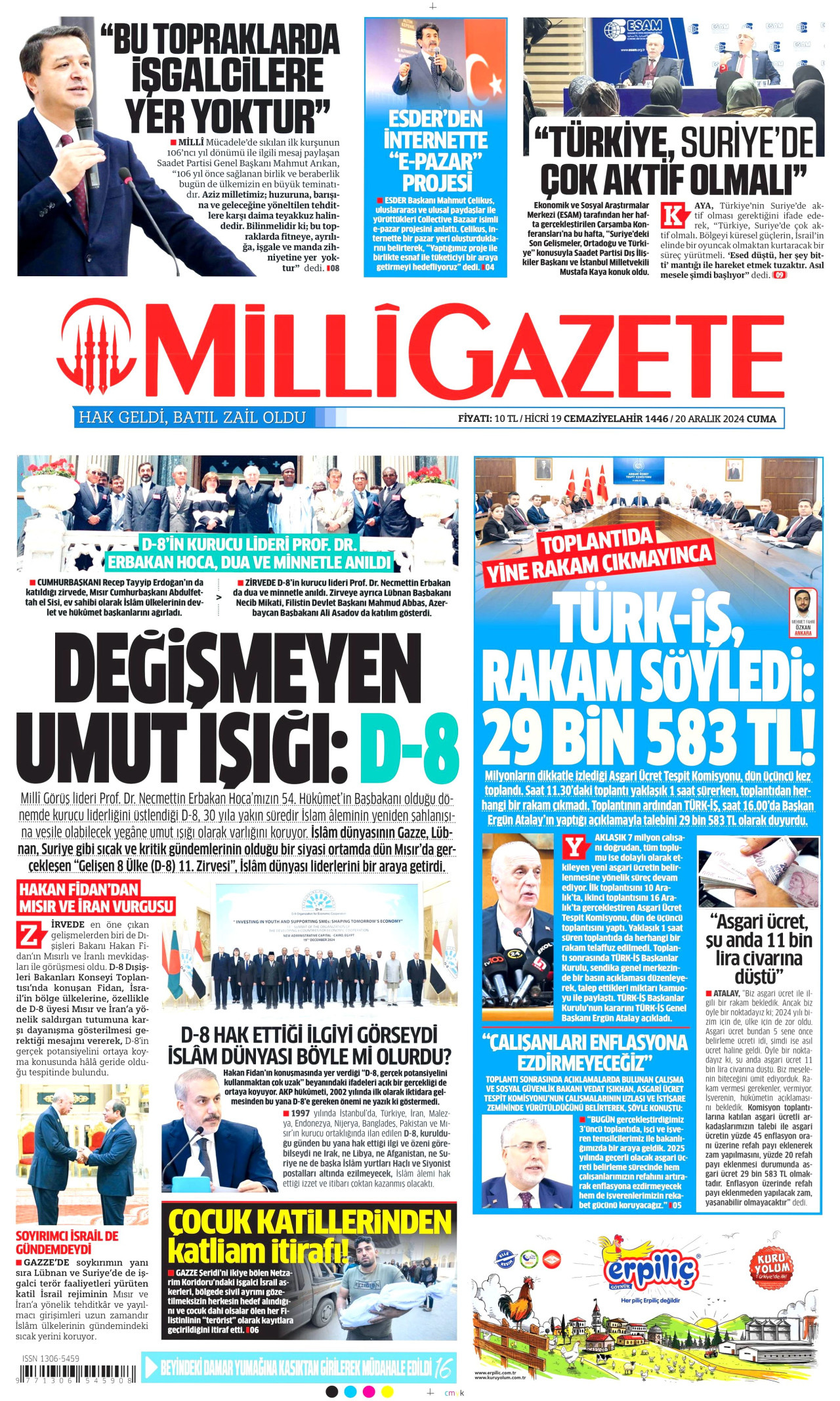 MİLLİ GAZETE gazetesinin 20 Aralık 2024 tarihli birinci sayfası