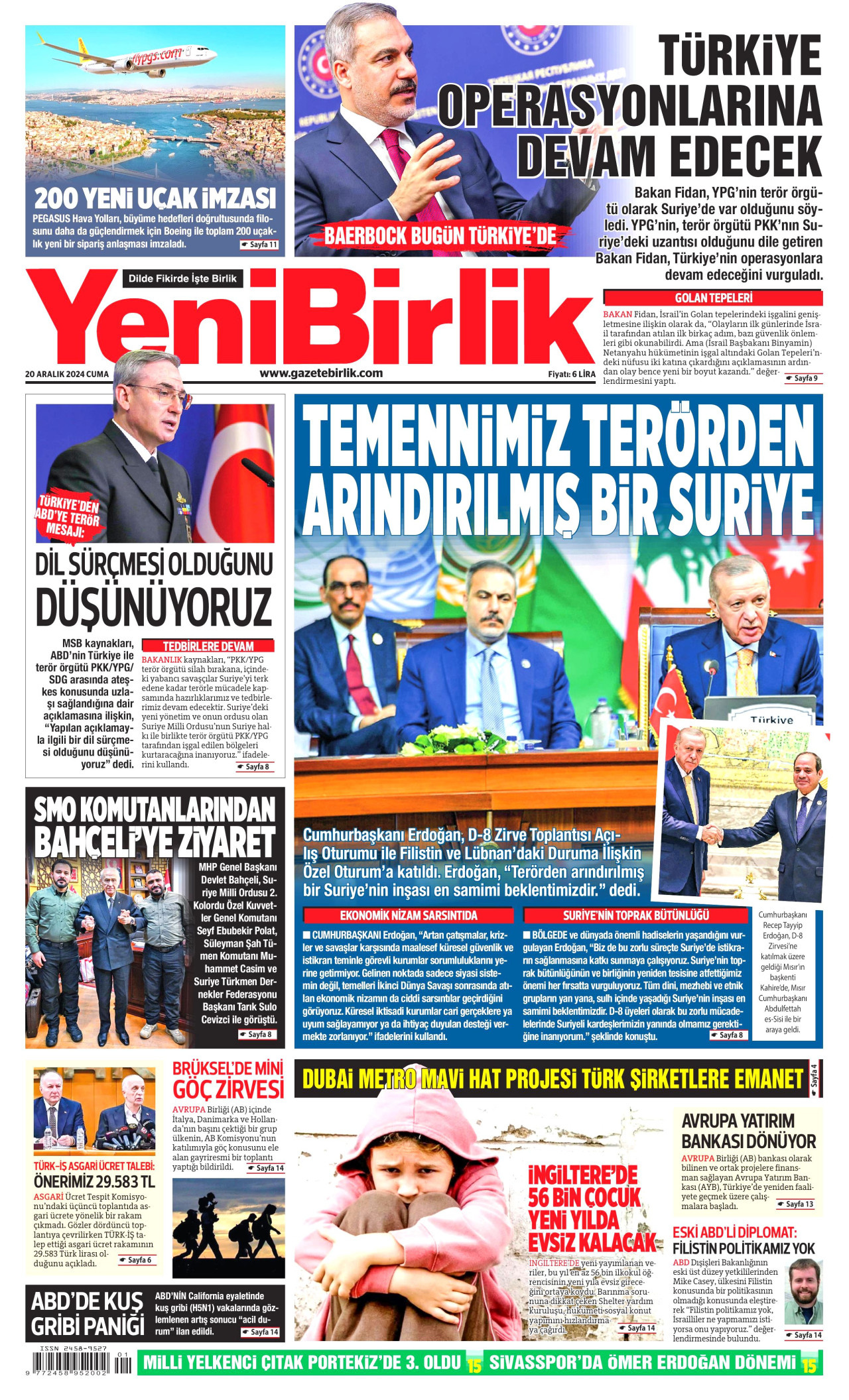 YENİBİRLİK gazetesinin 20 Aralık 2024 tarihli birinci sayfası