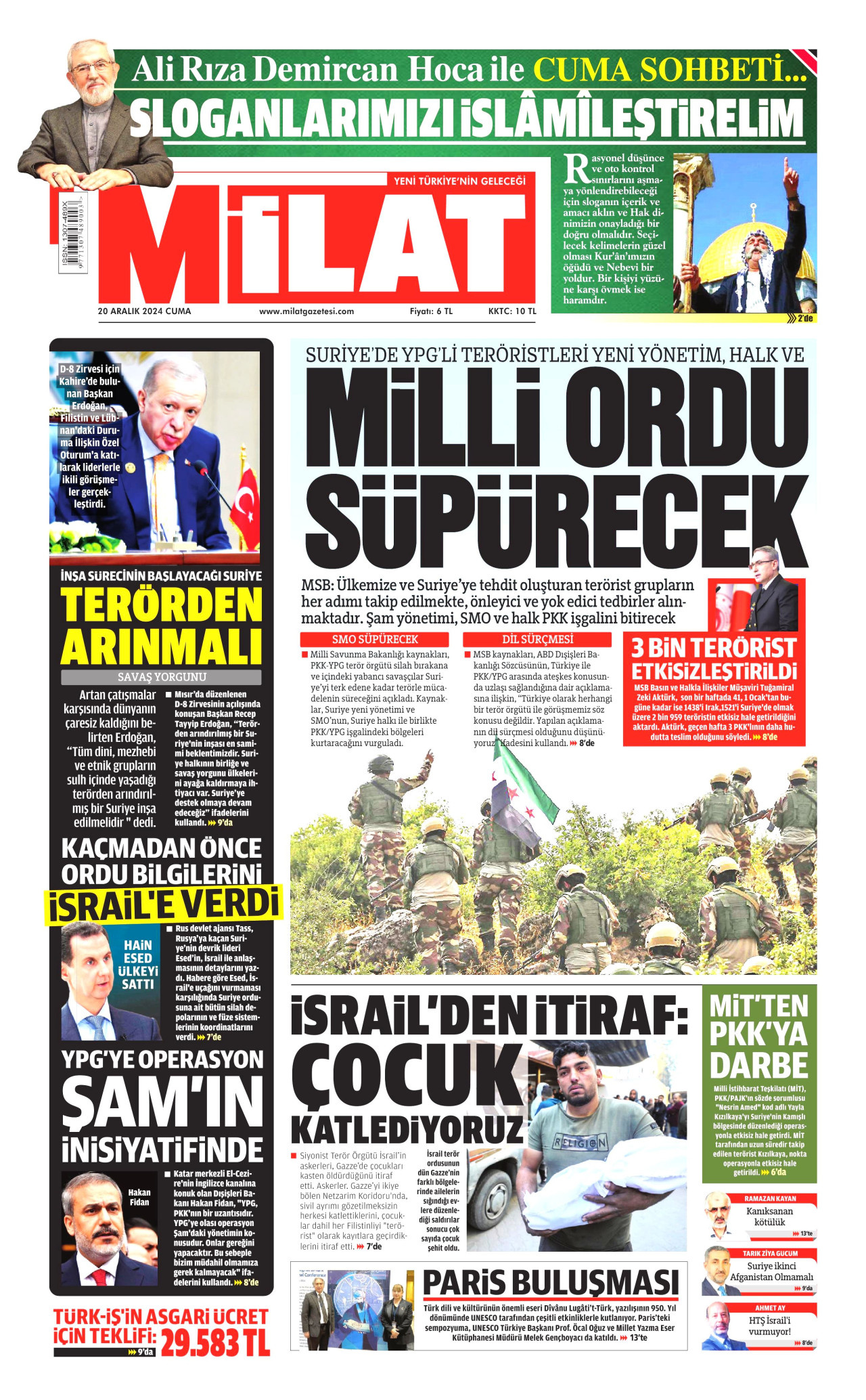 MİLAT gazetesinin 20 Aralık 2024 tarihli birinci sayfası