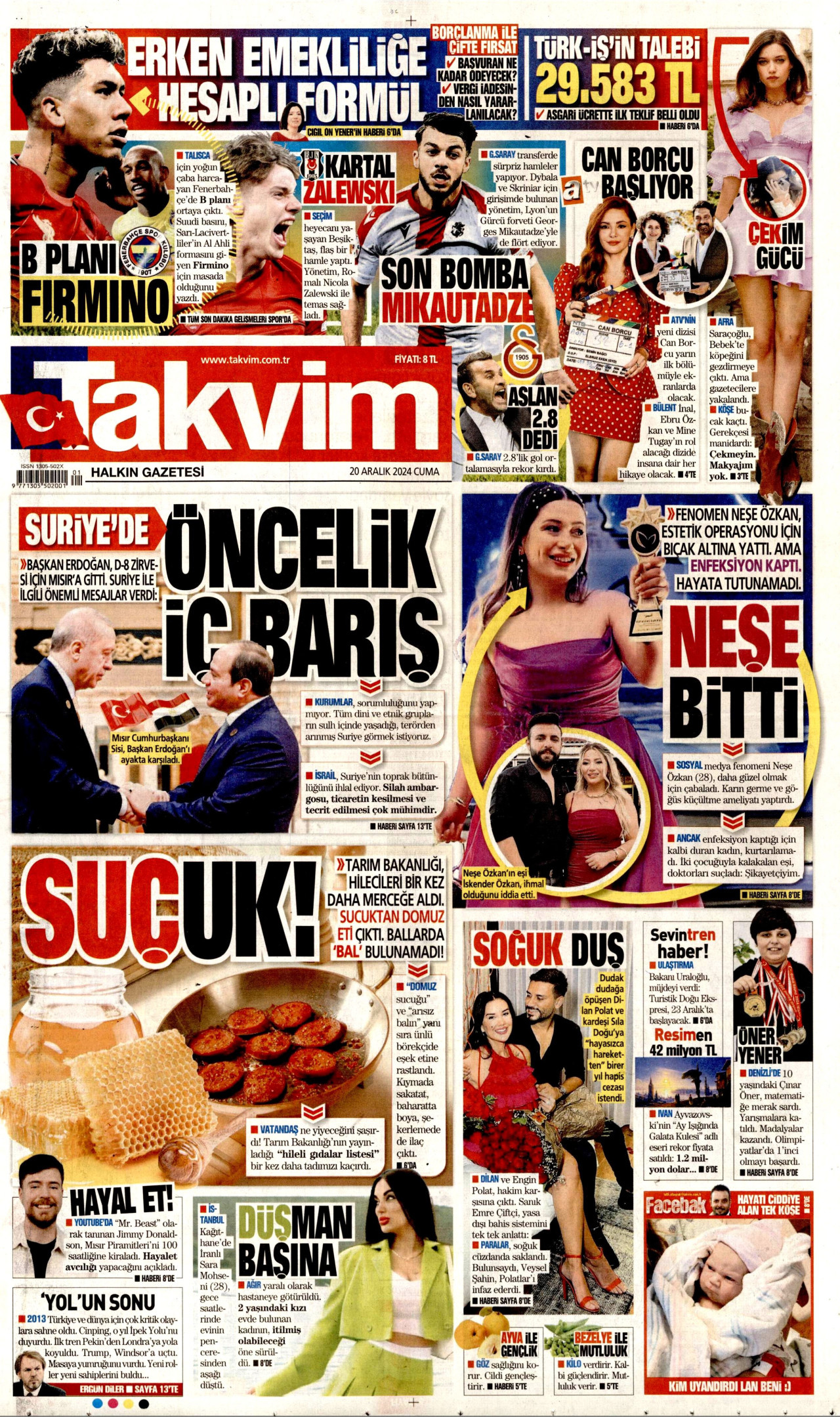 TAKVİM gazetesinin 20 Aralık 2024 tarihli birinci sayfası