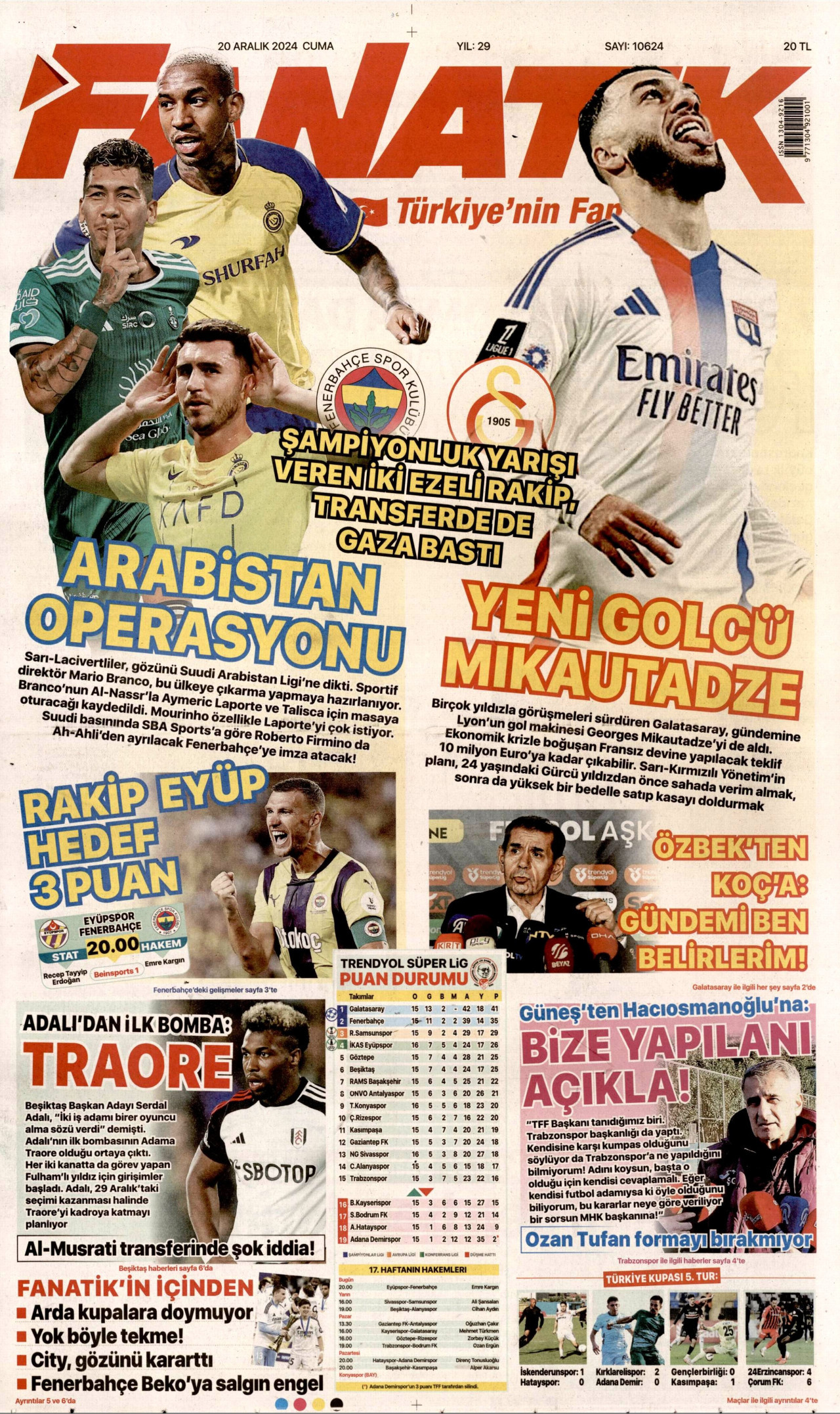 FANATİK gazetesinin 20 Aralık 2024 tarihli birinci sayfası