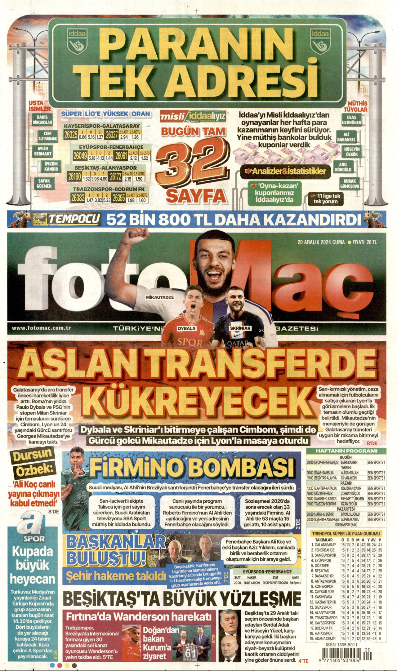 FOTOMAÇ gazetesinin 20 Aralık 2024 tarihli birinci sayfası