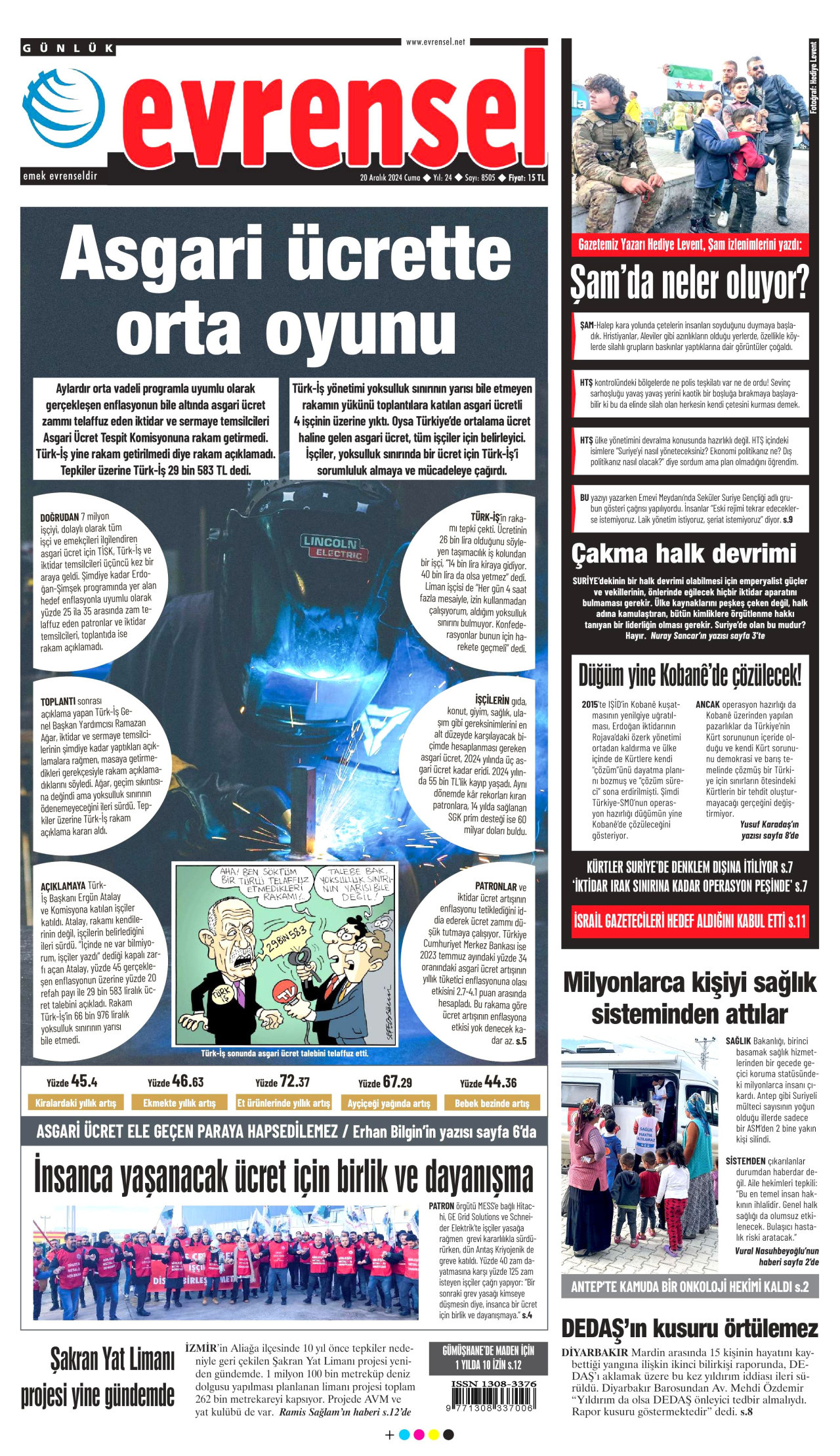 EVRENSEL gazetesinin 20 Aralık 2024 tarihli birinci sayfası