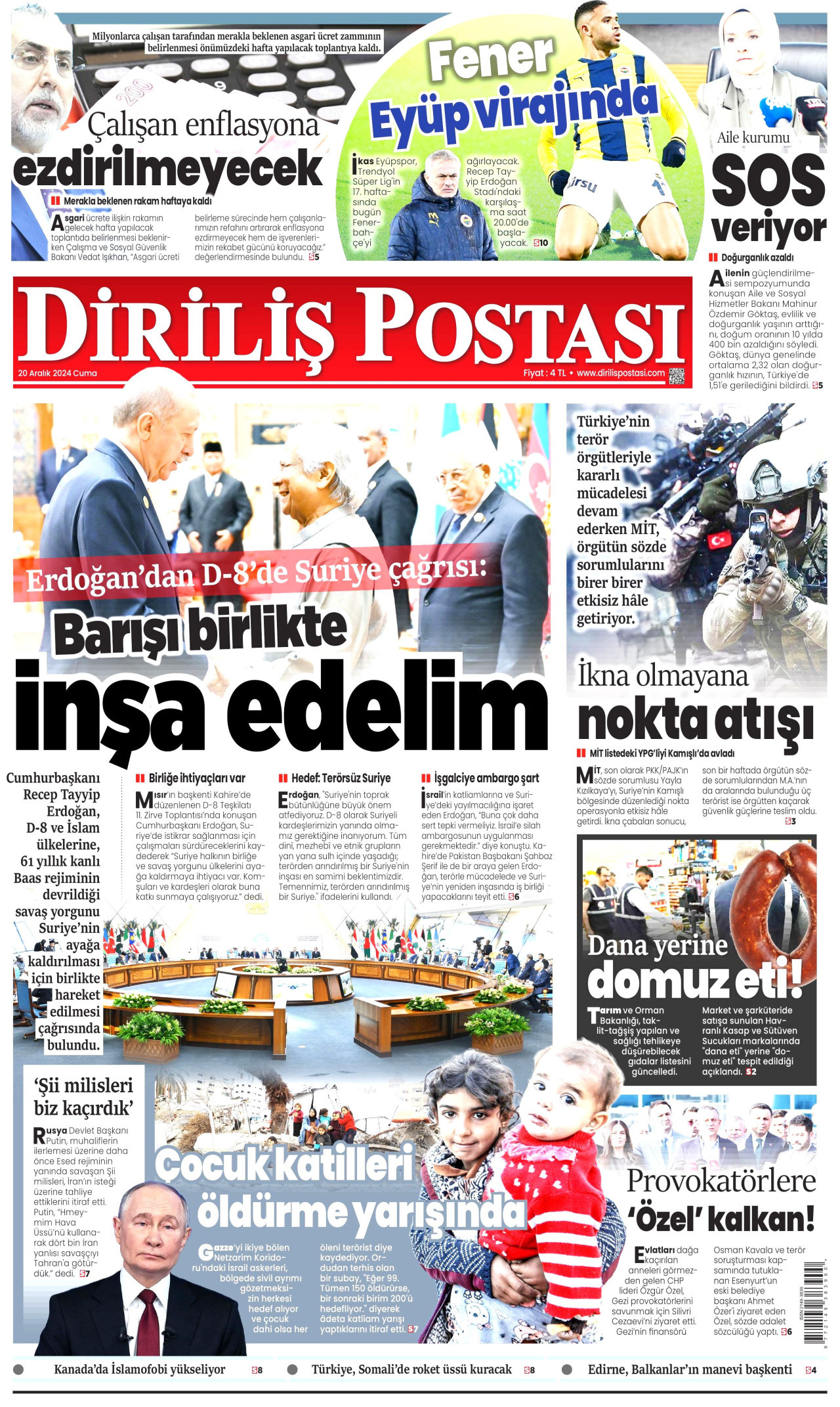 DİRİLİŞ POSTASI gazetesinin 20 Aralık 2024 tarihli birinci sayfası