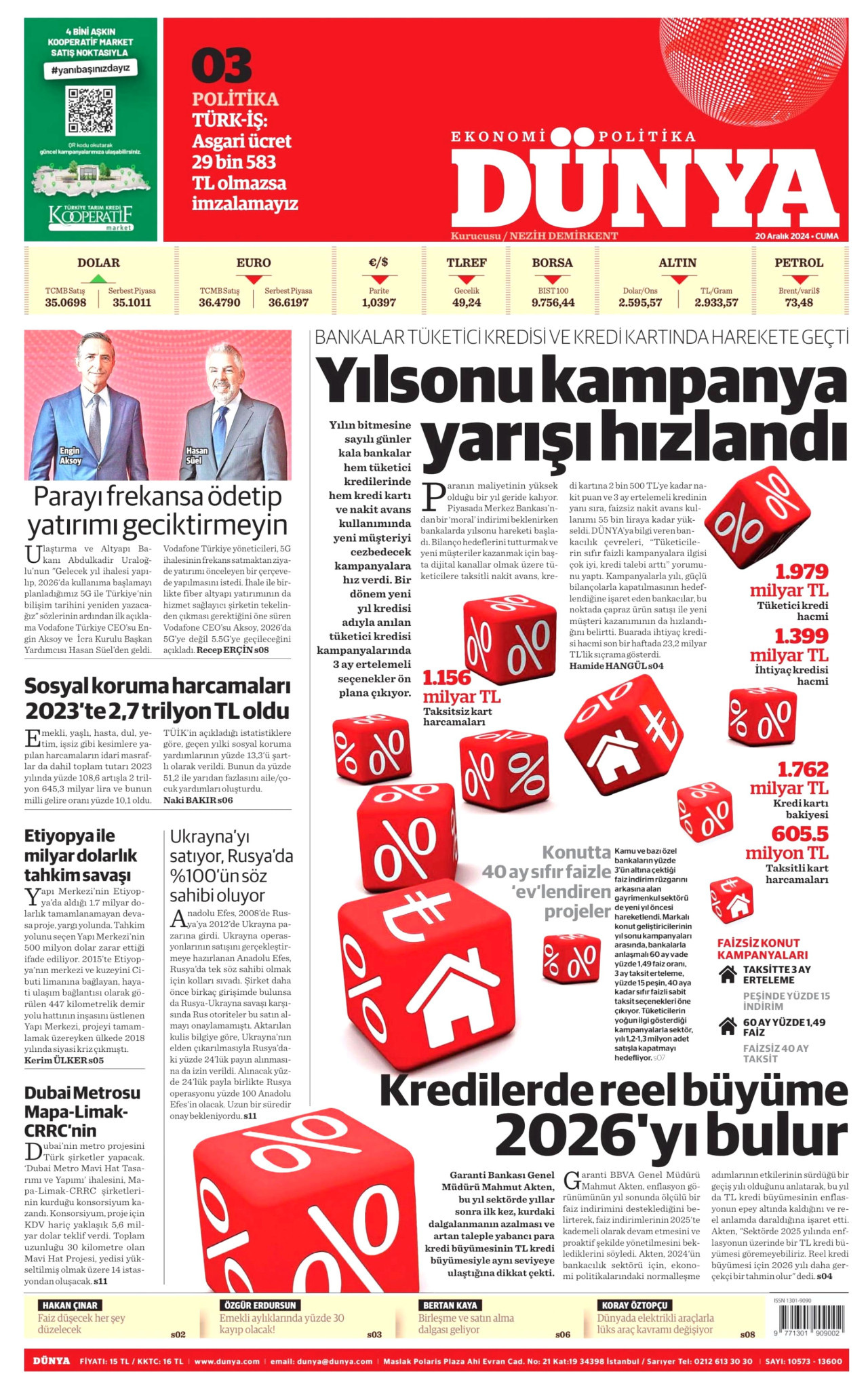 DÜNYA gazetesinin 20 Aralık 2024 tarihli birinci sayfası